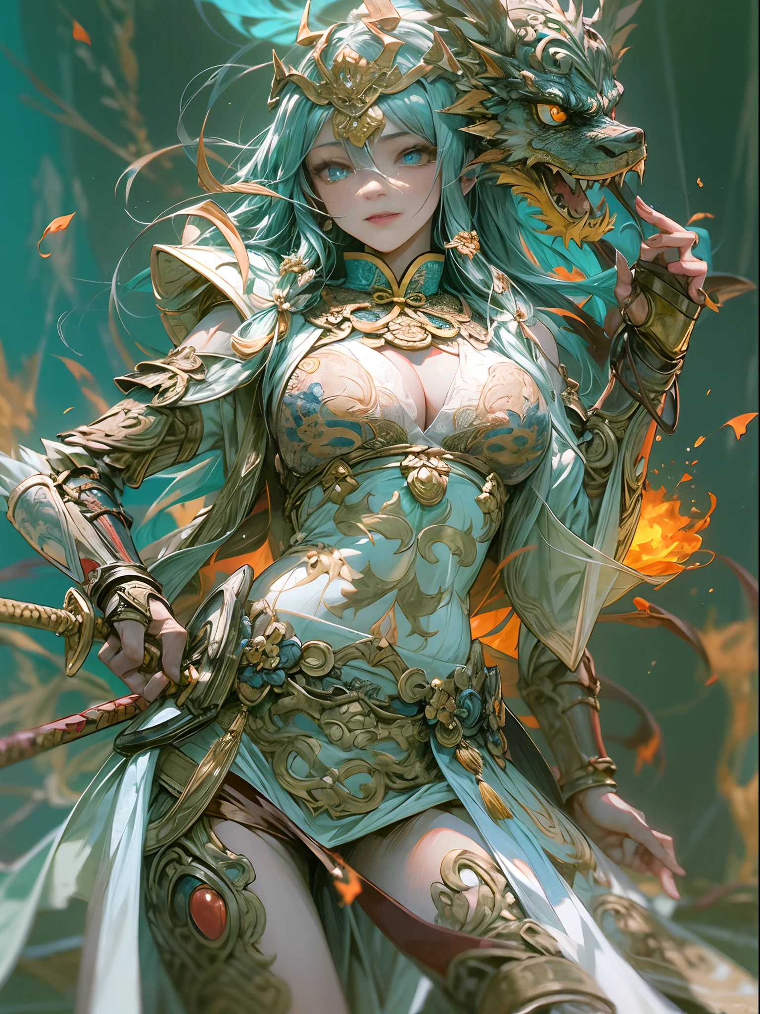(fully body photo),1个Giant Breast Girl,Accurate and perfect Korean female face,anatomy correct,The body of the golden ratio,Delicate Chinese Ming dynasty lace dress armor,Armed belts,Made of shiny white and silver translucent glass and titanium, joyful expressions, Vibrant colors, battleground background,Ashes fall, The fire burst into the sky,Bright sunlight,Delicate ancient helmet on the head:1.2,blue color eyes:1.2,(holding a longsword,Take defensive action),(Behind him stands a transparent Chinese dragon),Oriental elements,Dreamy glow,(globalillumination,Ray traching,hdr,The rendering is not realistic,Rational design,high detal,tmasterpiece,best qualtiy,hyper HD,cinmatic lighting)