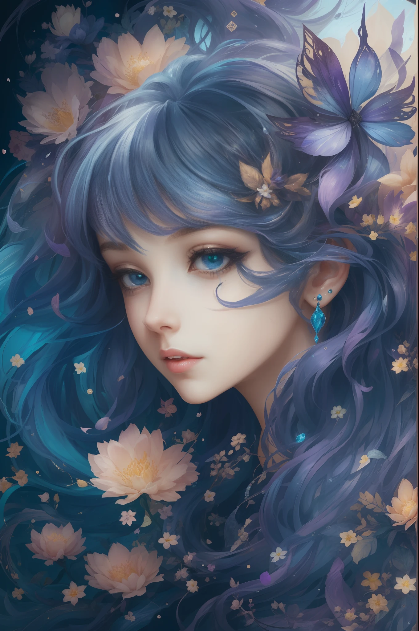 （（Gorgeous 18-year-old princess）），（She has long flowing blue-purple hair），（Bright and beautiful eyes），trendding on artstation，Flowers of hope，ultra-detailliert，insanely details, Amazing, complex, elite, Art Nouveau, a gorgeous, Dreamy，Liquid wax, elegant, Luxurious, Ink style, a sticker, Vector art beautiful character design, Dual exposure shooting, Luminous design, winning artwork, tmasterpiece, AMOLED black background,optic