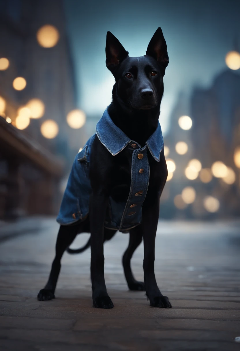 Perfect centering, A black dog, Wear a denim jacket, Wearing sunglasses, Standing position, Abstract beauty, Centered, Looking at the camera, Facing the camera, nearing perfection, Dynamic, Moonlight, Highly detailed, Digital painting, art  stations, concept-art, smooth, Sharp focus, 8K, high definition resolution, illustration
