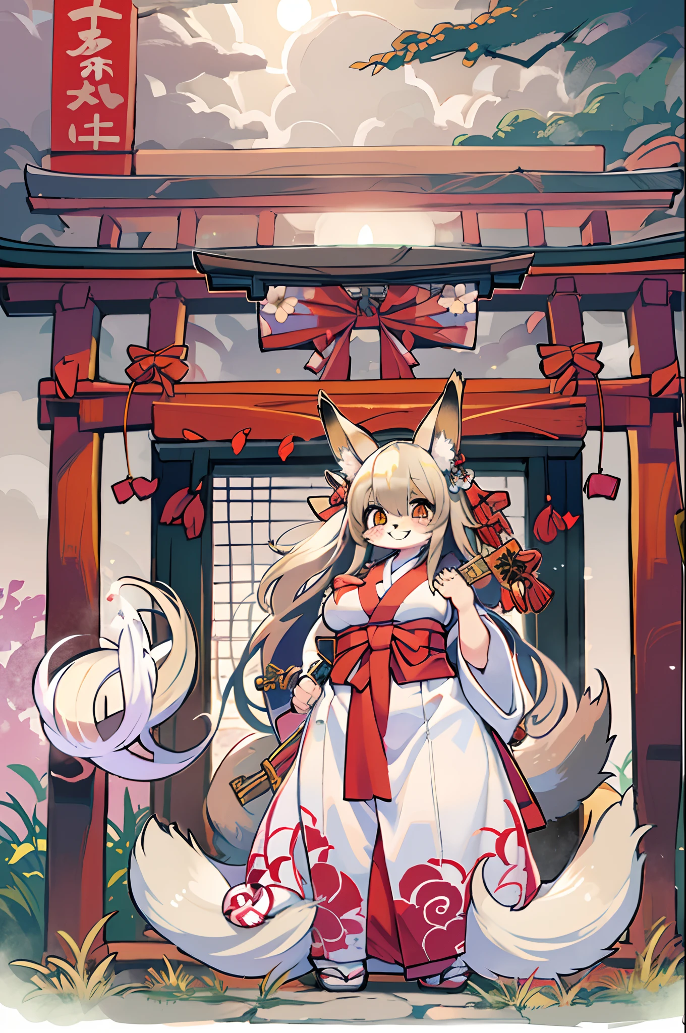 Fox Woman、body covered with fur、huge-breasted、kawaii、shrine maiden、Japan white clothes,Red Hakama、torii gate,summer day、((High Position))、A big smile、bbw、thick thight、big butts、Ultramammy,Chibi,Nanachi