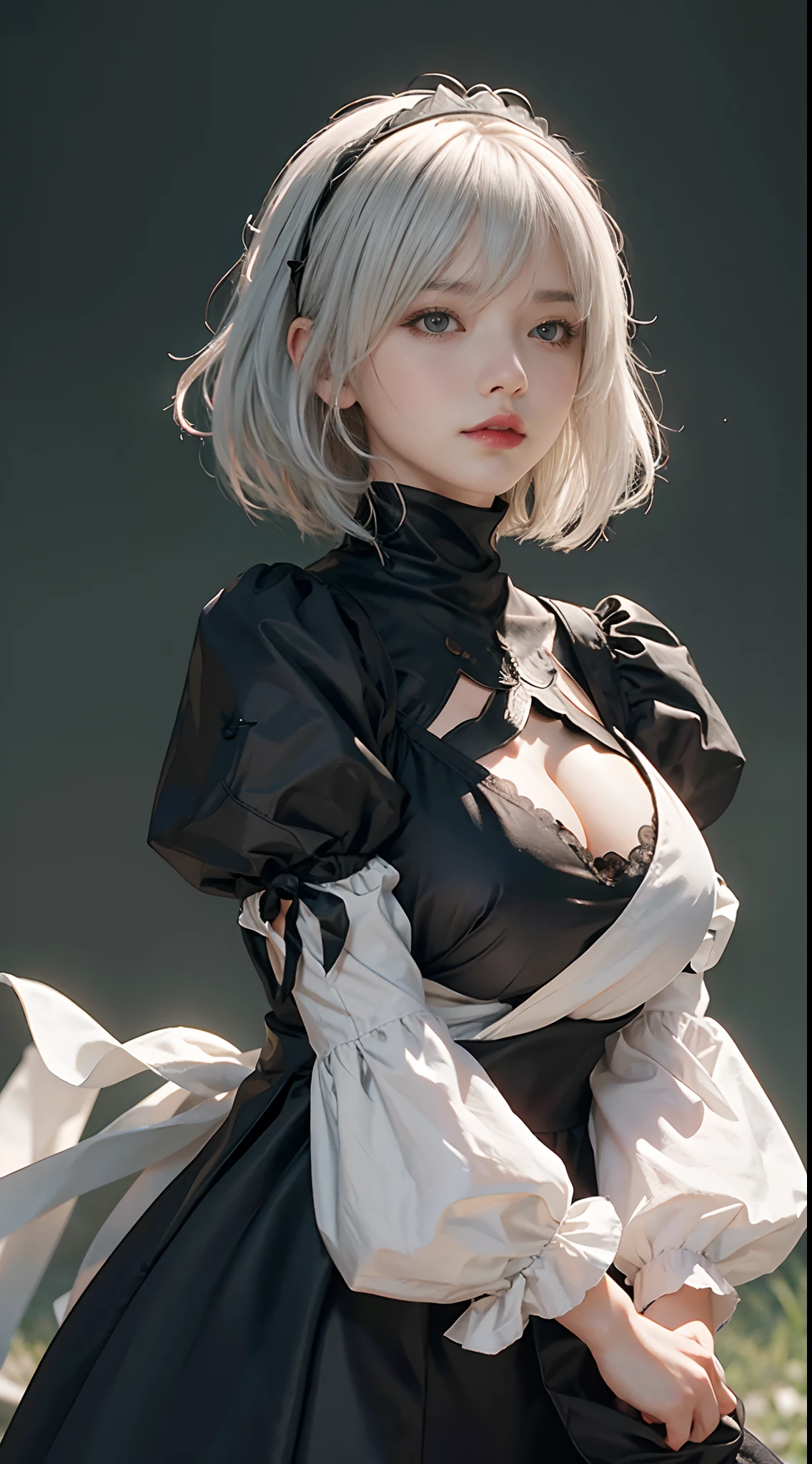 yorha no. 2 type b, 1girl, wlop, (blindfold), breasts, cleavage, cleavage cutout, clothing cutout, green background, hair between eyes, hairband, highres, juliet sleeves, long sleeves, nier (series), nier automata,  puffy sleeves, red lips, shaded face, short hair, solo, turtleneck, upper body, white hair, sky