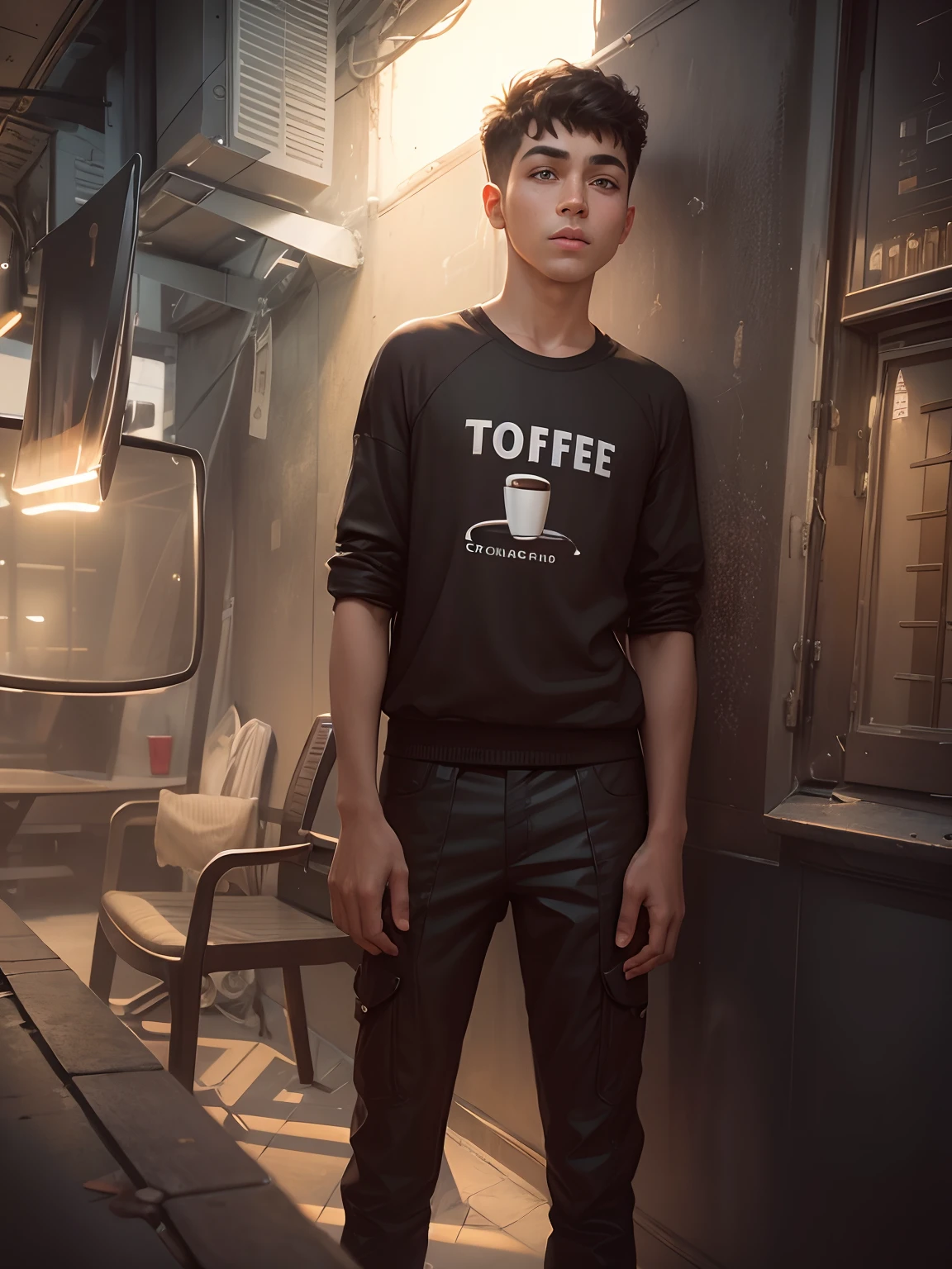Boy with coffee futuristic background realisti c realistic face