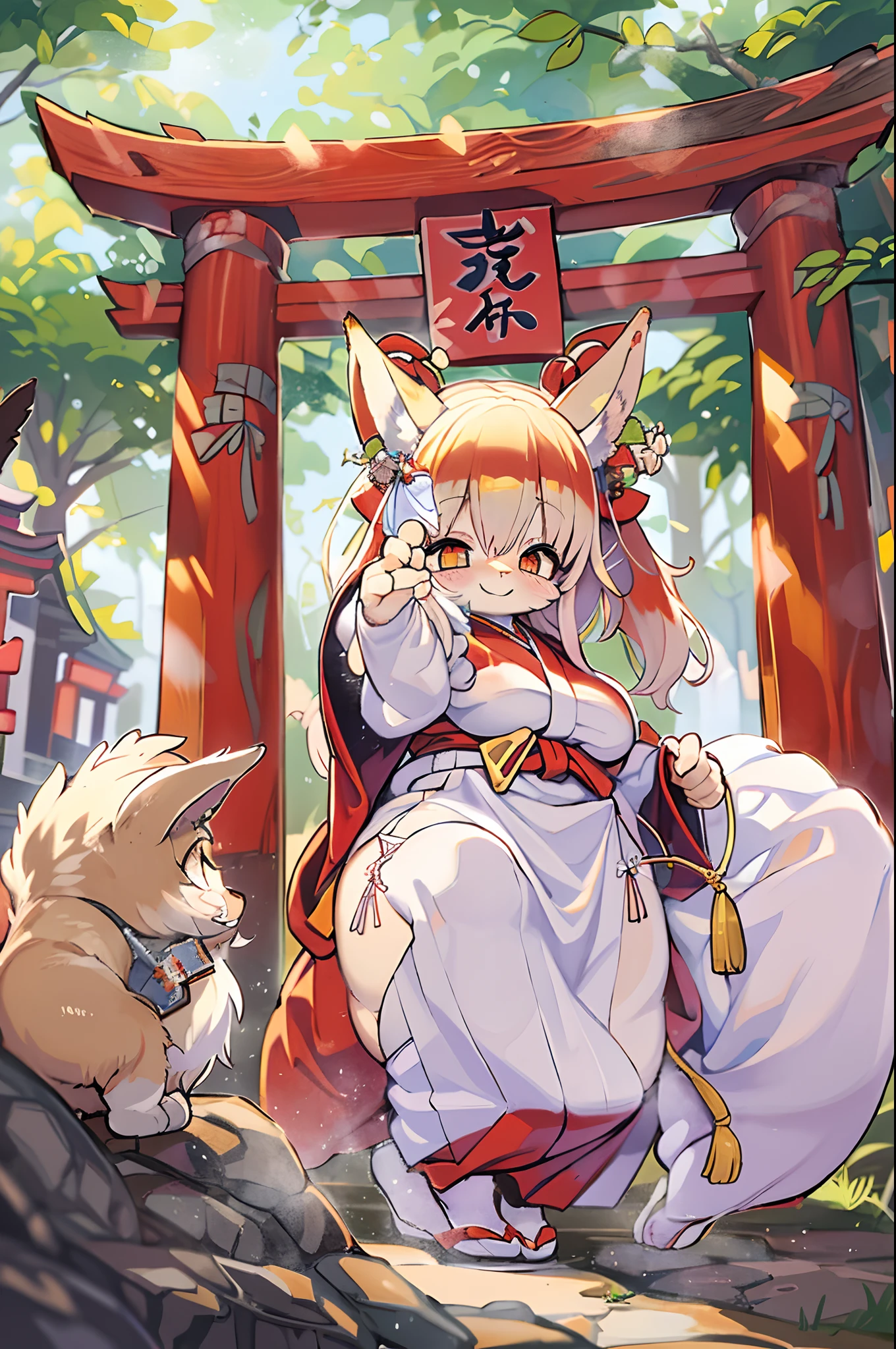 Fox Woman、body covered with fur、huge-breasted、kawaii、shrine maiden、Japan white clothes,Red Hakama、torii gate,summer day、((High Position))、A big smile、bbw、thick thight、big butts、Ultramammy,Chibi,Nanachi