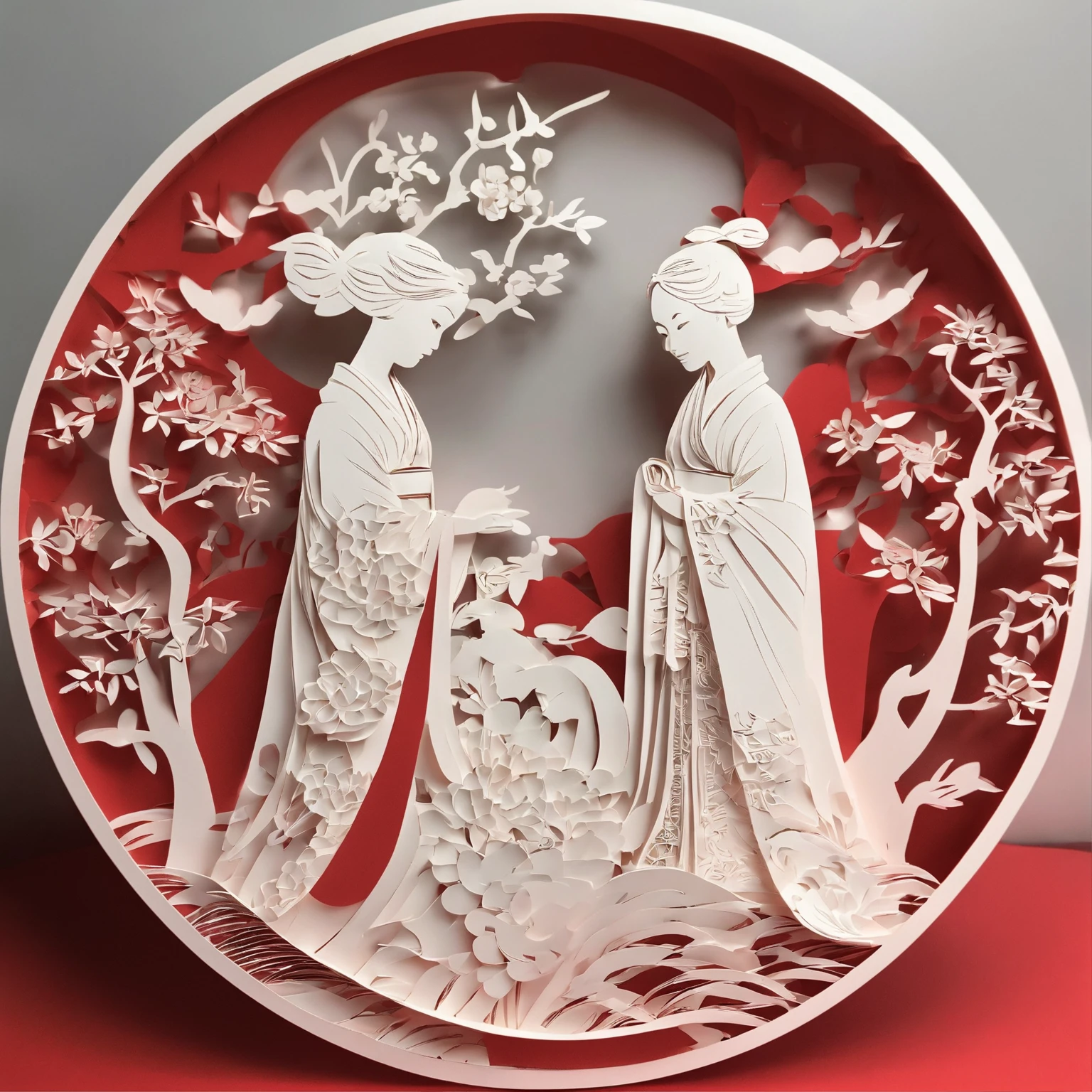 Flat paper cut style，((Ancient Chinese women))，sportrait，red colour，Paper，Color blocking，((round form))