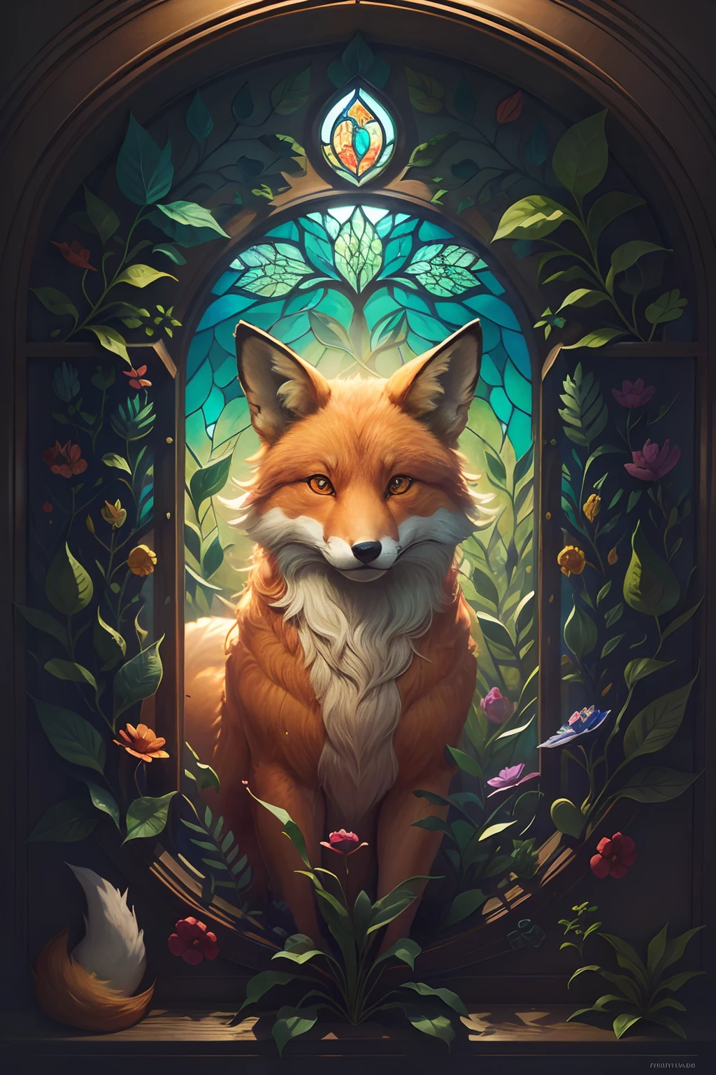 A vitral window, art noveau style, prismatic art style, paper art, with colorful nature motives and a big fox in the middle, rounded upside, photorealistic