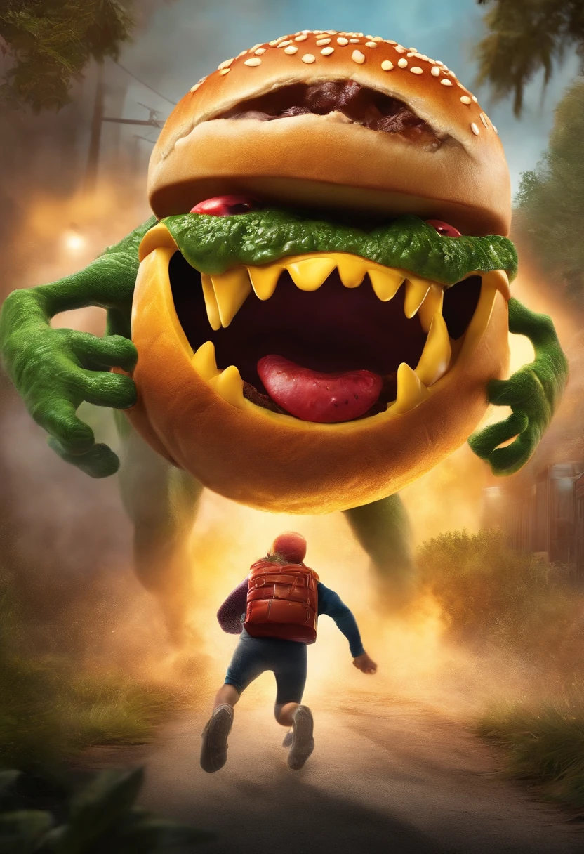 A hamburger monster running outside and going on a rampage