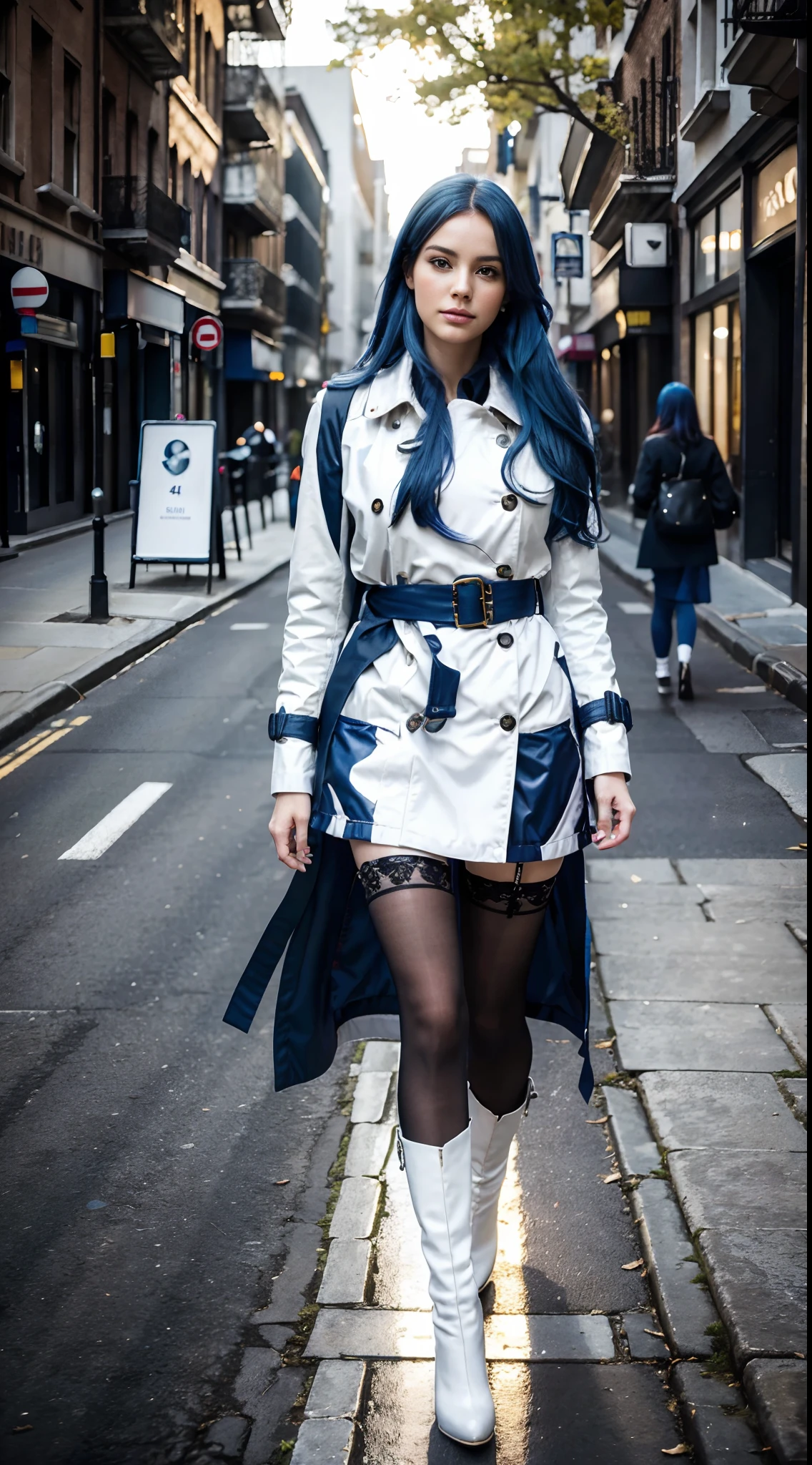 (Best quality,4K,8K,A high resolution,Masterpiece:1.2),Ultra-detailed,(Realistic,Photorealistic,photo-realistic:1.37),Long-range shooting,Blue-haired woman,Hair falls on the left shoulder,Wears a white trench coat lined in red, blackminiskirt,Patterned stockings,High heels,Walking on the street,Portrait,conceptual art,Blurred background,Soft lighting,Vivid tones