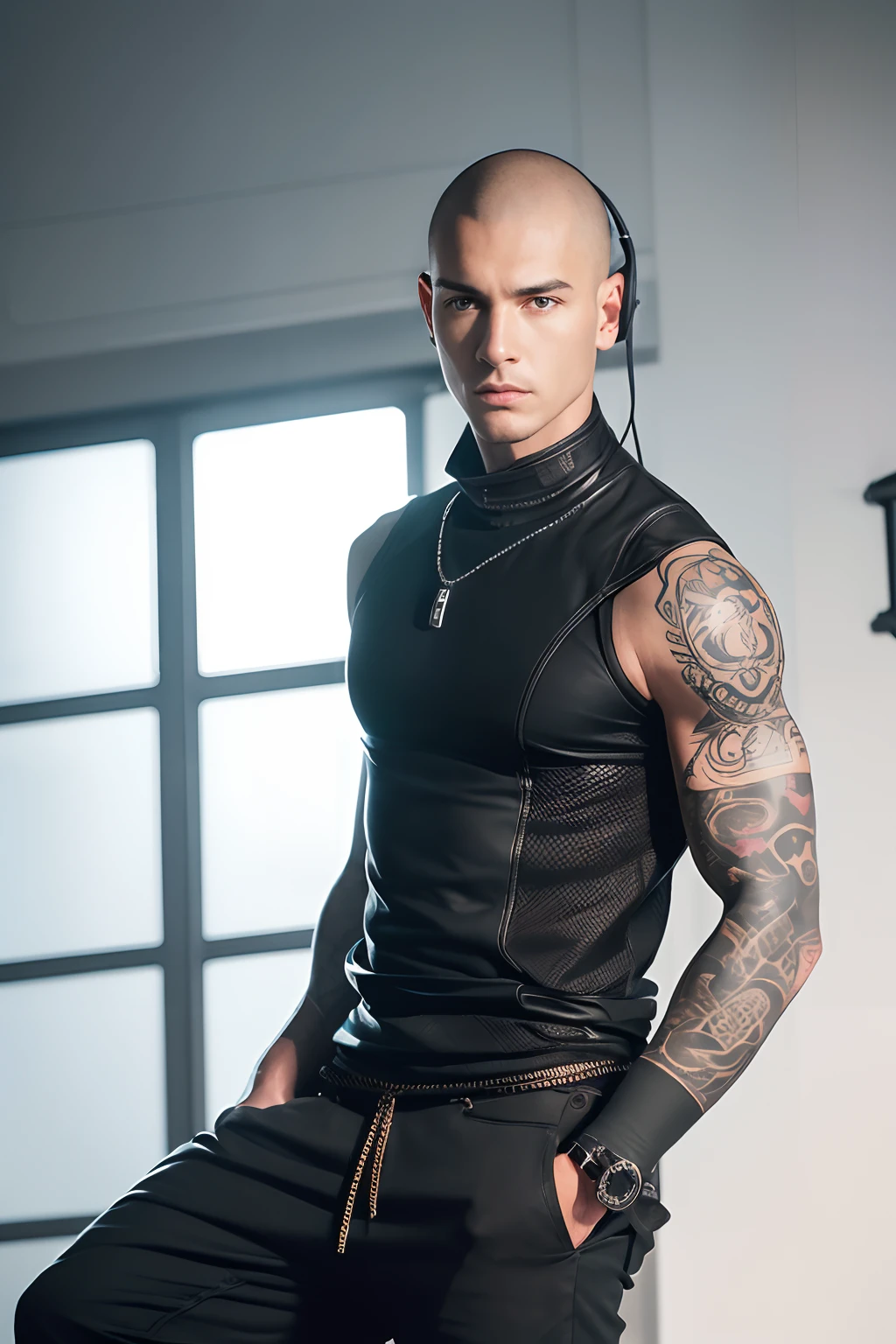 A shirtless skinny young man in wet leather pants screams while chained up in dungeon