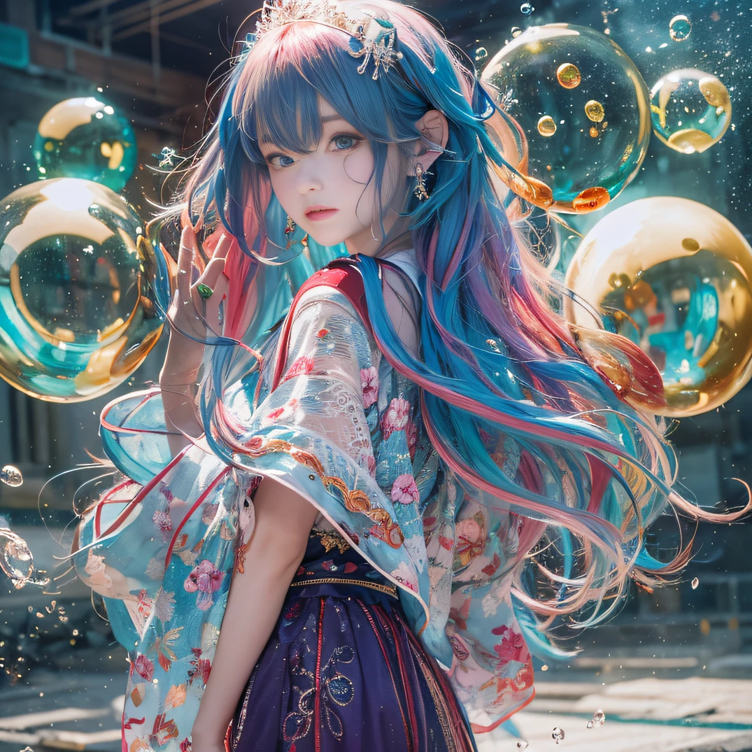 cyan colors,blue colors,enamel,agates,A flesh-colored world,Blood Blue Maiden 32K(tmasterpiece,k hd,Aoyama Pond,hyper HD,32K)Long flowing bright blue hair,blood pond,zydink, a color,Grumpy (Post-halo), (Linen scarf), Combat posture, looking at the ground, long whitr hair, Floating bright blue, Fire cloud pattern gold tiara, Chinese long-sleeved gold silk burgundy garment, (Abstract metaverse splash:1.2), white backgrounid,Peony flower vitality protector(realisticlying:1.4),Bright purple hair,Smoke on the road,The background is pure, A high resolution, the detail, RAW photogr, Sharp Re, Nikon D850 Film Stock Photo by Jefferies Lee 4 Kodak Portra 400 Camera F1.6 shots, Rich colors, ultra-realistic vivid textures, Dramatic lighting, Unreal Engine Art Station Trend, cinestir 800,A girl with long flowing bright blue hair,Huge colorful bubbles