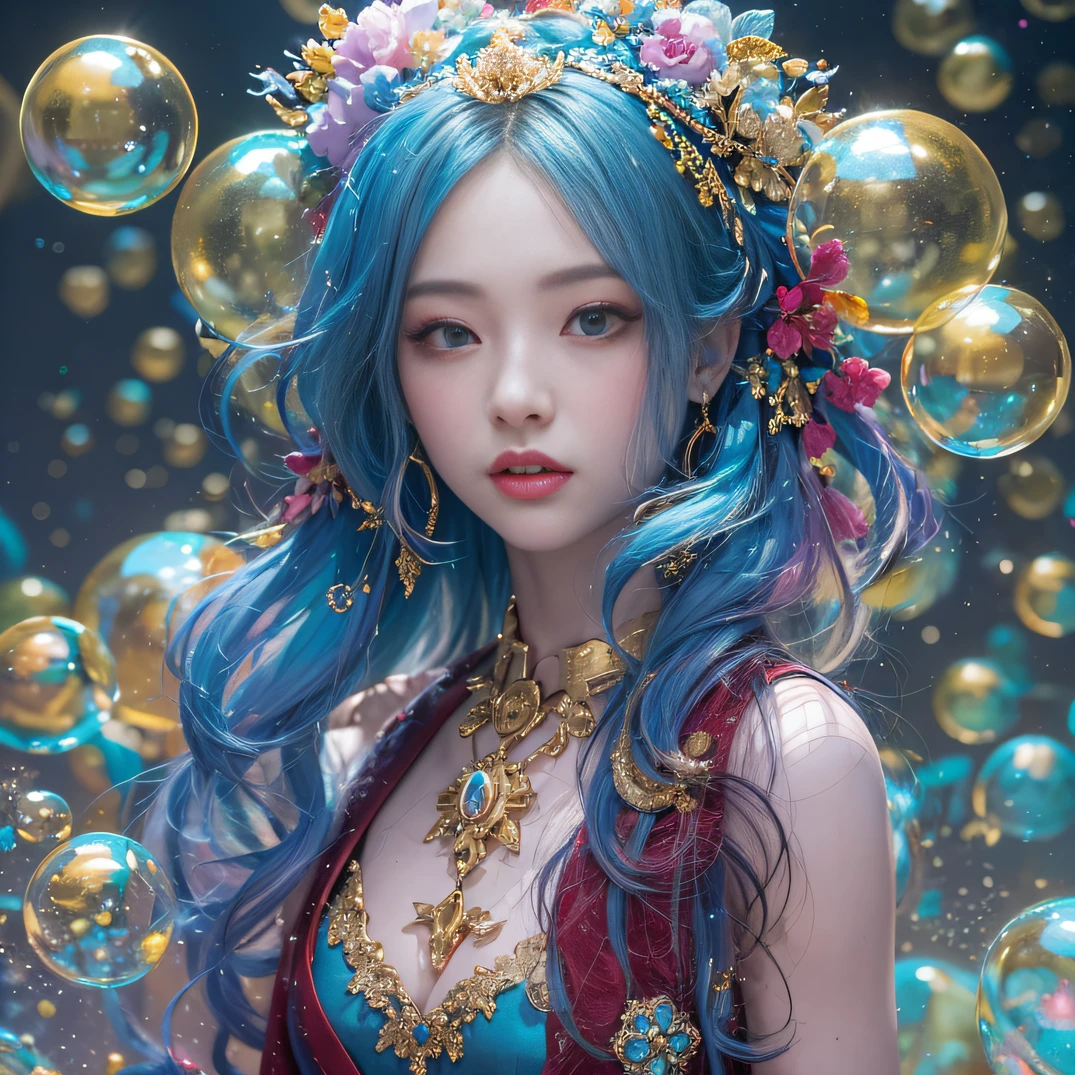 cyan colors,blue colors,enamel,agates,A flesh-colored world,Blood Blue Maiden 32K(tmasterpiece,k hd,Aoyama Pond,hyper HD,32K)Long flowing bright blue hair,blood pond,zydink, a color,Grumpy (Post-halo), (Linen scarf), Combat posture, looking at the ground, long whitr hair, Floating bright blue, Fire cloud pattern gold tiara, Chinese long-sleeved gold silk burgundy garment, (Abstract metaverse splash:1.2), white backgrounid,Peony flower vitality protector(realisticlying:1.4),Bright purple hair,Smoke on the road,The background is pure, A high resolution, the detail, RAW photogr, Sharp Re, Nikon D850 Film Stock Photo by Jefferies Lee 4 Kodak Portra 400 Camera F1.6 shots, Rich colors, ultra-realistic vivid textures, Dramatic lighting, Unreal Engine Art Station Trend, cinestir 800,A girl with long flowing bright blue hair,Huge colorful bubbles