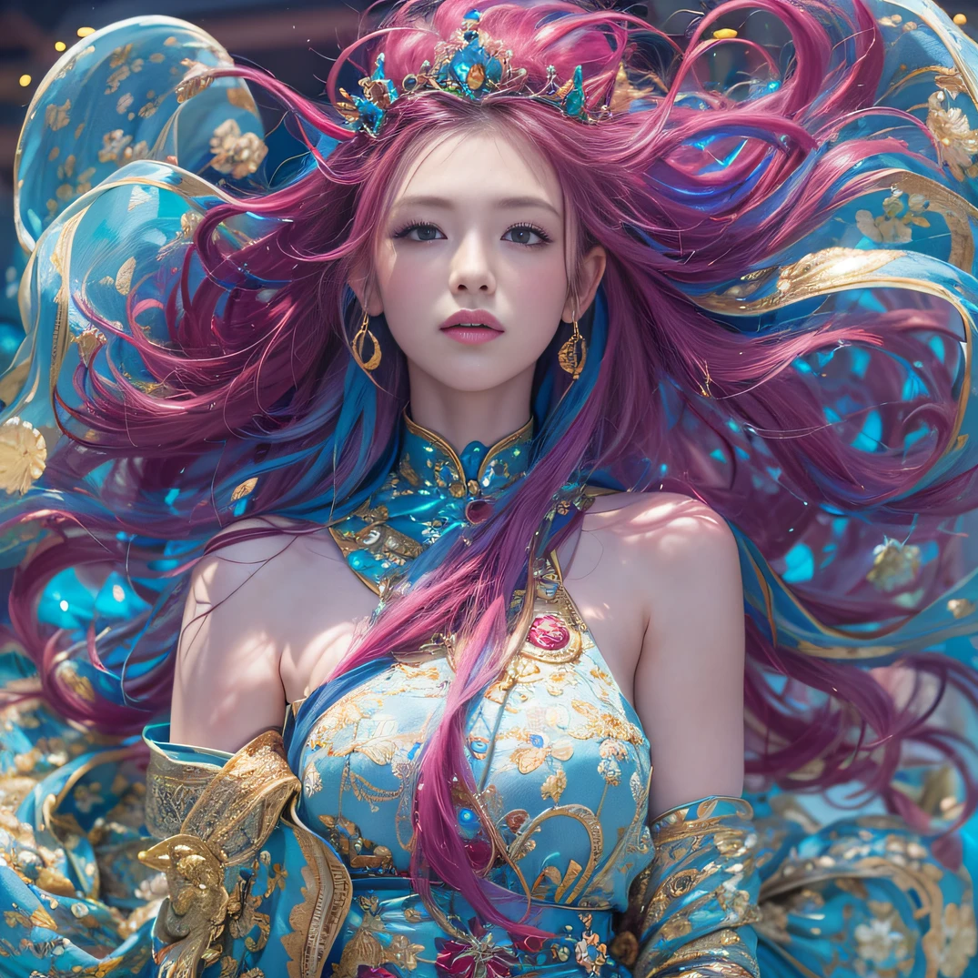 cyan colors,blue colors,enamel,agates,A flesh-colored world,Blood Blue Maiden 32K(tmasterpiece,k hd,Aoyama Pond,hyper HD,32K)Long flowing bright blue hair,blood pond,zydink, a color,Grumpy (Post-halo), (Linen scarf), Combat posture, looking at the ground, long whitr hair, Floating bright blue, Fire cloud pattern gold tiara, Chinese long-sleeved gold silk burgundy garment, (Abstract metaverse splash:1.2), white backgrounid,Peony flower vitality protector(realisticlying:1.4),Bright purple hair,Smoke on the road,The background is pure, A high resolution, the detail, RAW photogr, Sharp Re, Nikon D850 Film Stock Photo by Jefferies Lee 4 Kodak Portra 400 Camera F1.6 shots, Rich colors, ultra-realistic vivid textures, Dramatic lighting, Unreal Engine Art Station Trend, cinestir 800,A girl with long flowing bright blue hair,Huge colorful bubbles