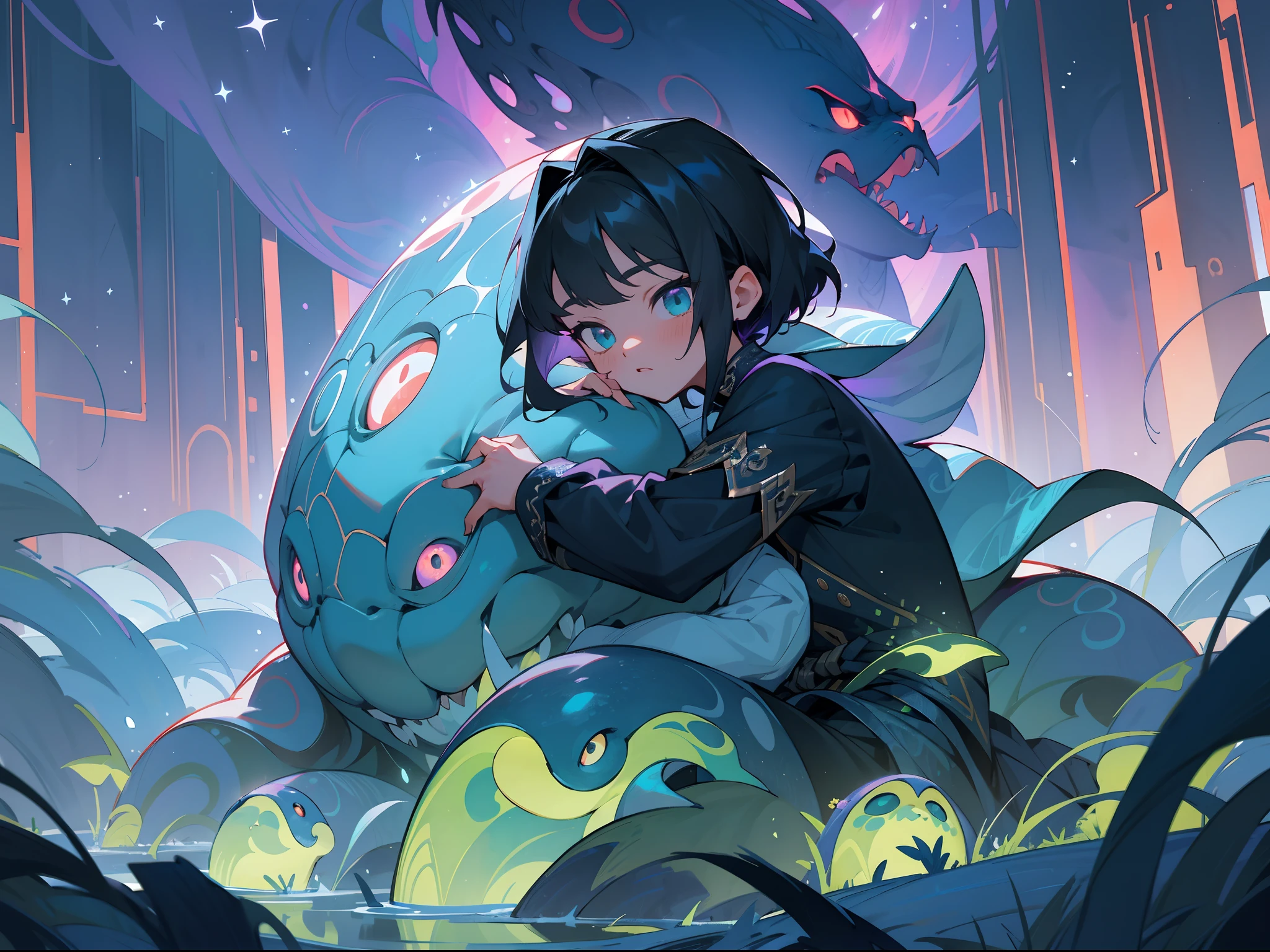 tmasterpiece,Best quality at best),highly details, Ultra-detailed 8K, 超高分辨率,kosmos,starlights,Huge algae,Cthulhu,tentaculata,starrysky,black hole,Bask in starlight,younge boy,short detailed hair,perfect compositions,Black and blue-violet