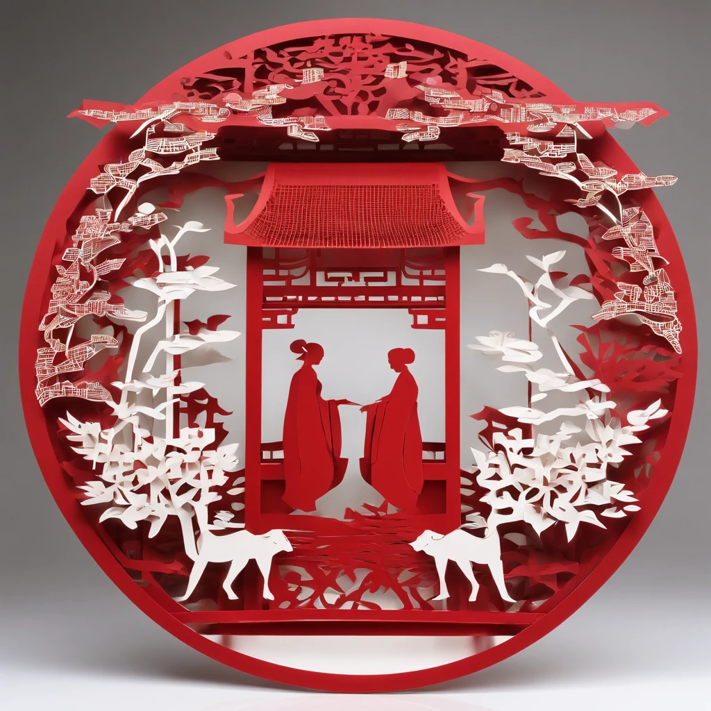 Flat paper cut style，((Ancient Chinese women))，sportrait，red colour，Paper，Color blocking，((round form))