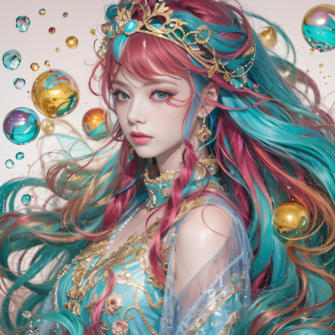 cyan colors,blue colors,enamel,agates,A flesh-colored world,Blood Blue Maiden 32K(tmasterpiece,k hd,Aoyama Pond,hyper HD,32K)Long flowing bright blue hair,blood pond,zydink, a color,Grumpy (Post-halo), (Linen scarf), Combat posture, looking at the ground, long whitr hair, Floating bright blue, Fire cloud pattern gold tiara, Chinese long-sleeved gold silk burgundy garment, (Abstract metaverse splash:1.2), white backgrounid,Peony flower vitality protector(realisticlying:1.4),Bright purple hair,Smoke on the road,The background is pure, A high resolution, the detail, RAW photogr, Sharp Re, Nikon D850 Film Stock Photo by Jefferies Lee 4 Kodak Portra 400 Camera F1.6 shots, Rich colors, ultra-realistic vivid textures, Dramatic lighting, Unreal Engine Art Station Trend, cinestir 800,A girl with long flowing bright blue hair,Huge colorful bubbles
