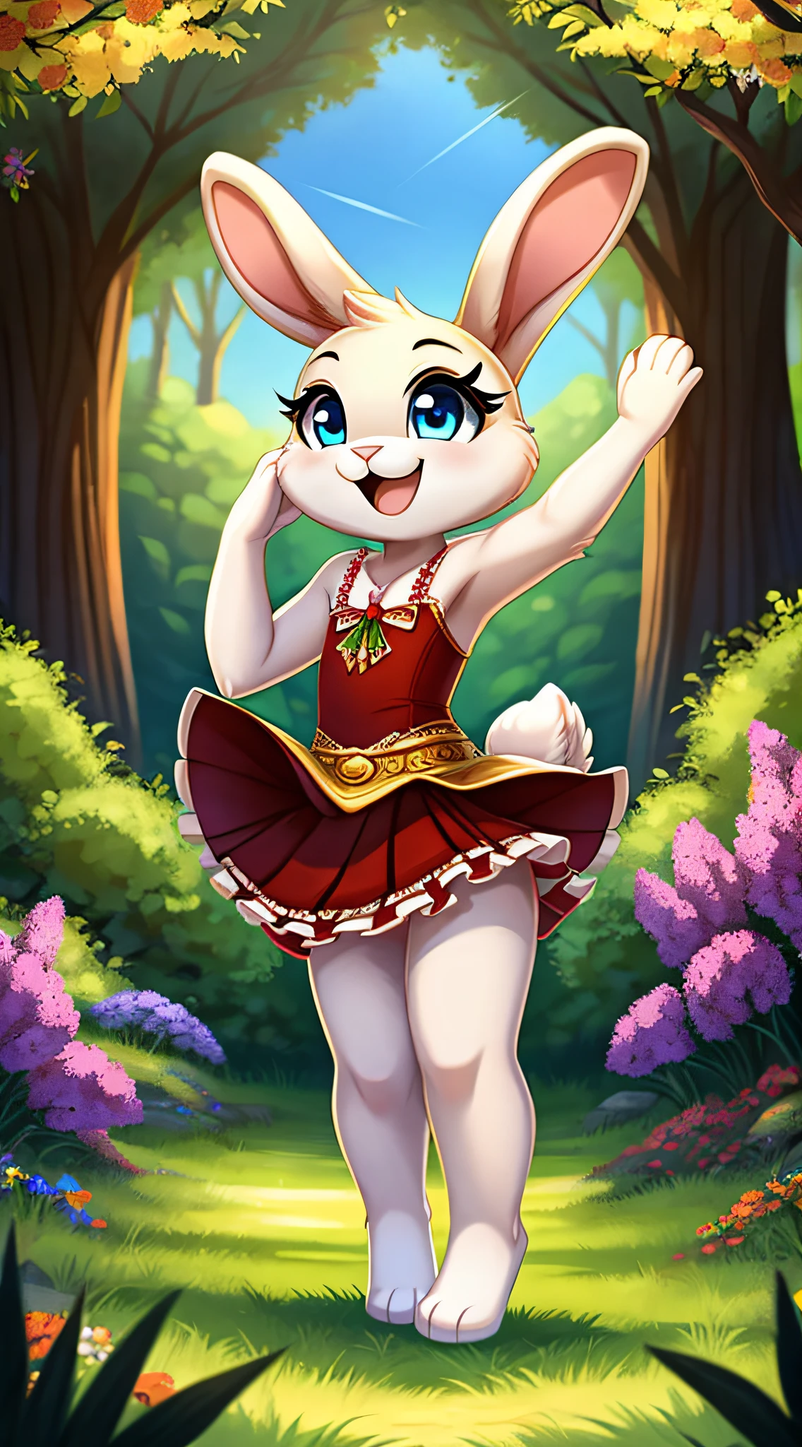 zoomed out image, fantasy style art, cute, adorable, short character, small, tiny little fluffy female white bunny with blue eyes, 4 ears, 2 extra ears, big floppy ears, long ears, ears perked up, raised ears, long eyelashes, poofy rabbit tail, wearing a red frilly ribbon dress, smiling, standing in a forest, big expressive smile, open mouth, wide eyes, excited eyes, excited face, stunning visuals, sunlight coming through the trees, flowers scattered in the bushes, digital illustration