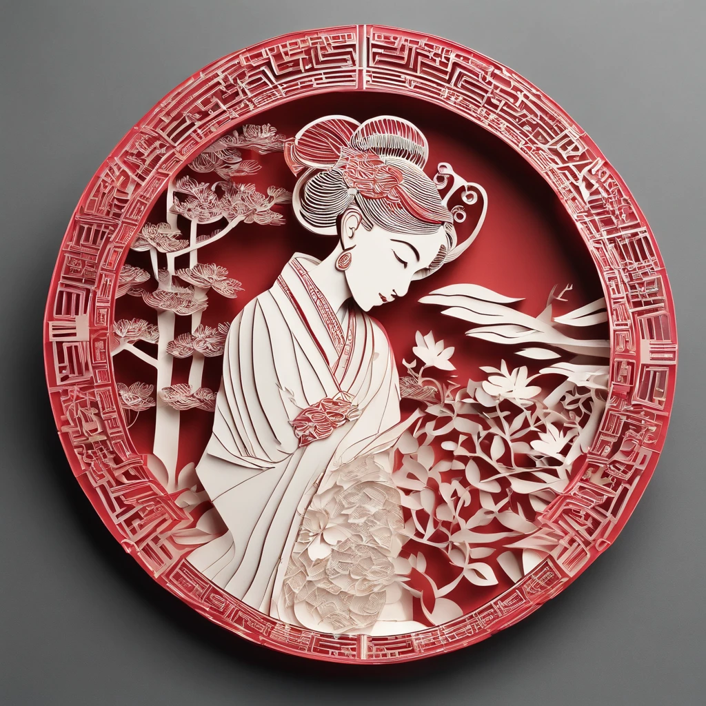 Flat paper cut style,((Ancient Chinese women)),sportrait,red colour,Paper,Color blocking,((round form))