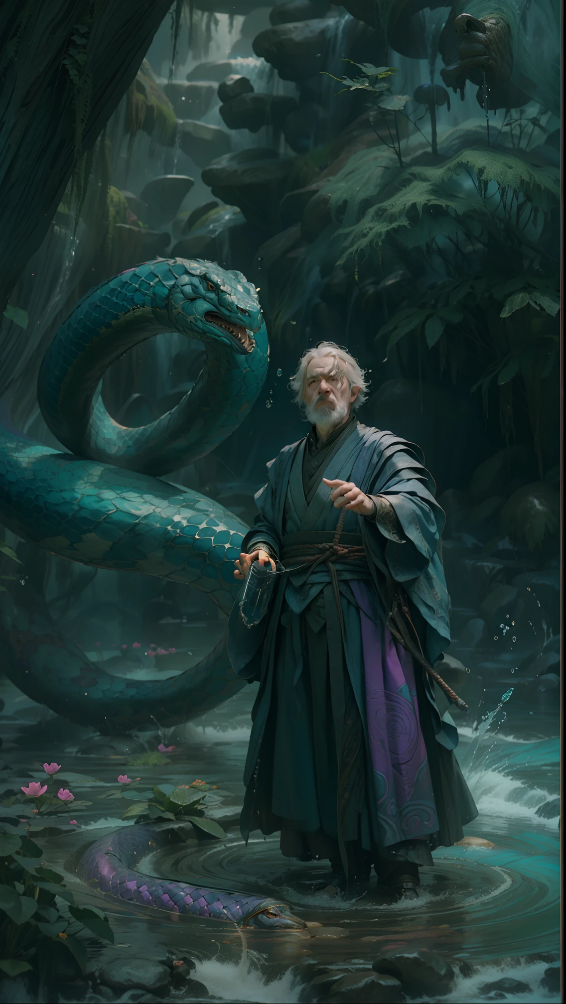 Powerful outdoor mage,Summon a giant purple snake to manipulate water magic.
Enigmatic Atmosphere, Saturated colors, Dynamic composition, Sony A7S III camera, Fujifilm Viva 100 film, 85mm lens, Bokeh effect, j.K. Rowling, j.r.r. Tolkien, George R.r. Martin, Alexander McQueen, Gucci