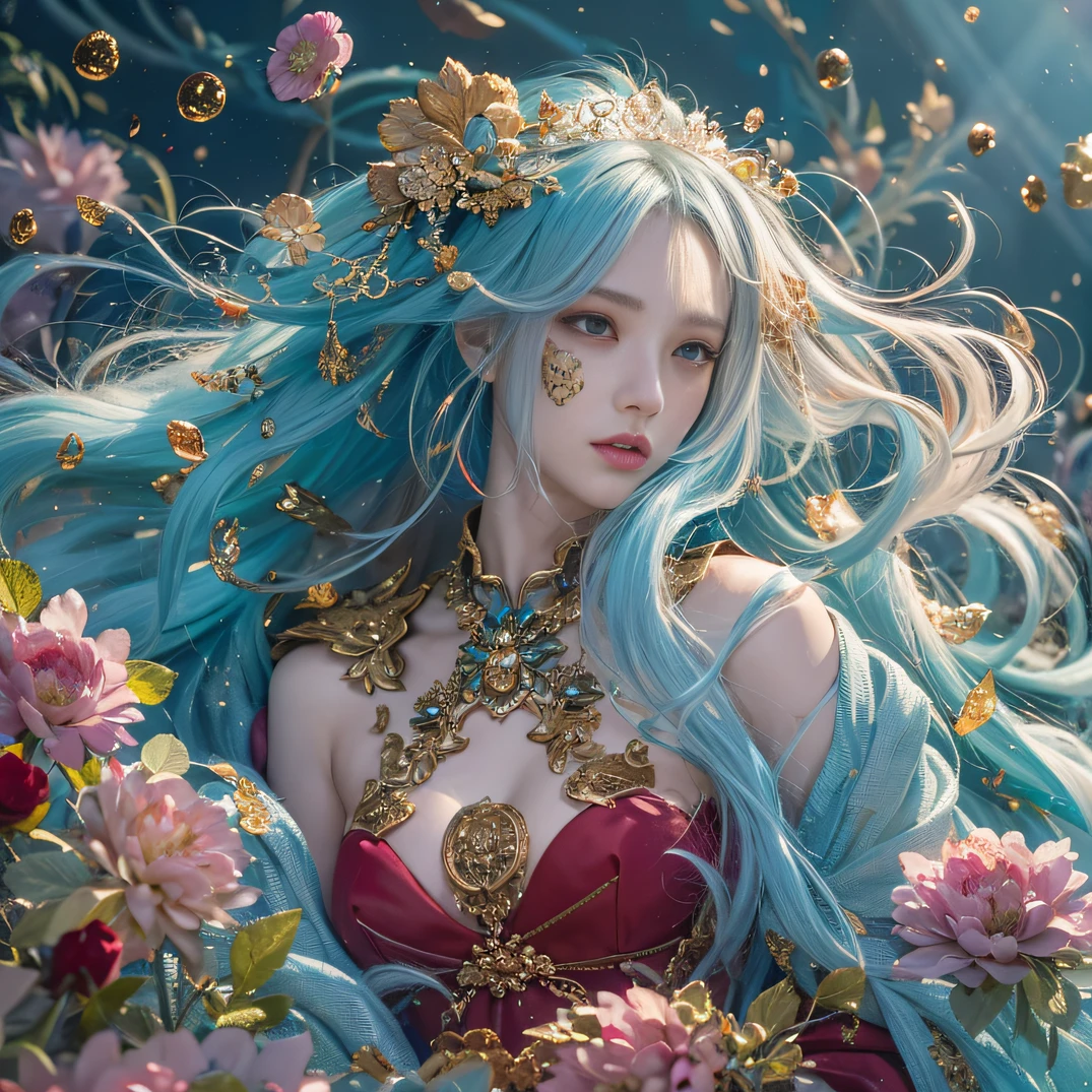( High quality , ultra detailed, careful with hand )Zodiac - Virgo goddess , similar to latin goodness , Efficient, industrious, calm, altruistic, adaptable face , Highly sensitive, over-critical, materialistic style , deep brown eyes (eyes detail) , mist-green hair , transparent dress , in the ocean with trees and flowers , whole body , make up look , like a earth goddess. With nature