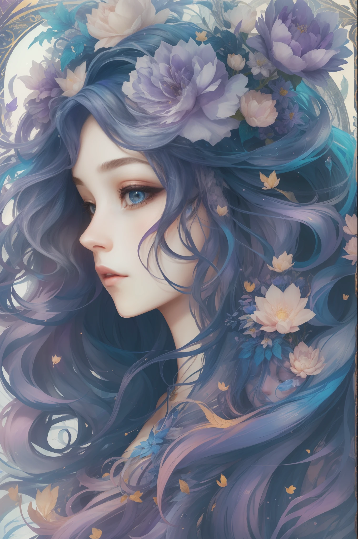 （（Gorgeous 18-year-old princess）），（She has long flowing blue-purple hair），（Bright and beautiful eyes），trendding on artstation，Flowers of hope，ultra-detailliert，insanely details, Amazing, complex, elite, Art Nouveau, a gorgeous, Dreamy，Liquid wax, Luxurious, Ink style, a sticker, Vector art beautiful character design, Dual exposure shooting, Luminous design, winning artwork, tmasterpiece, AMOLED black background,optic