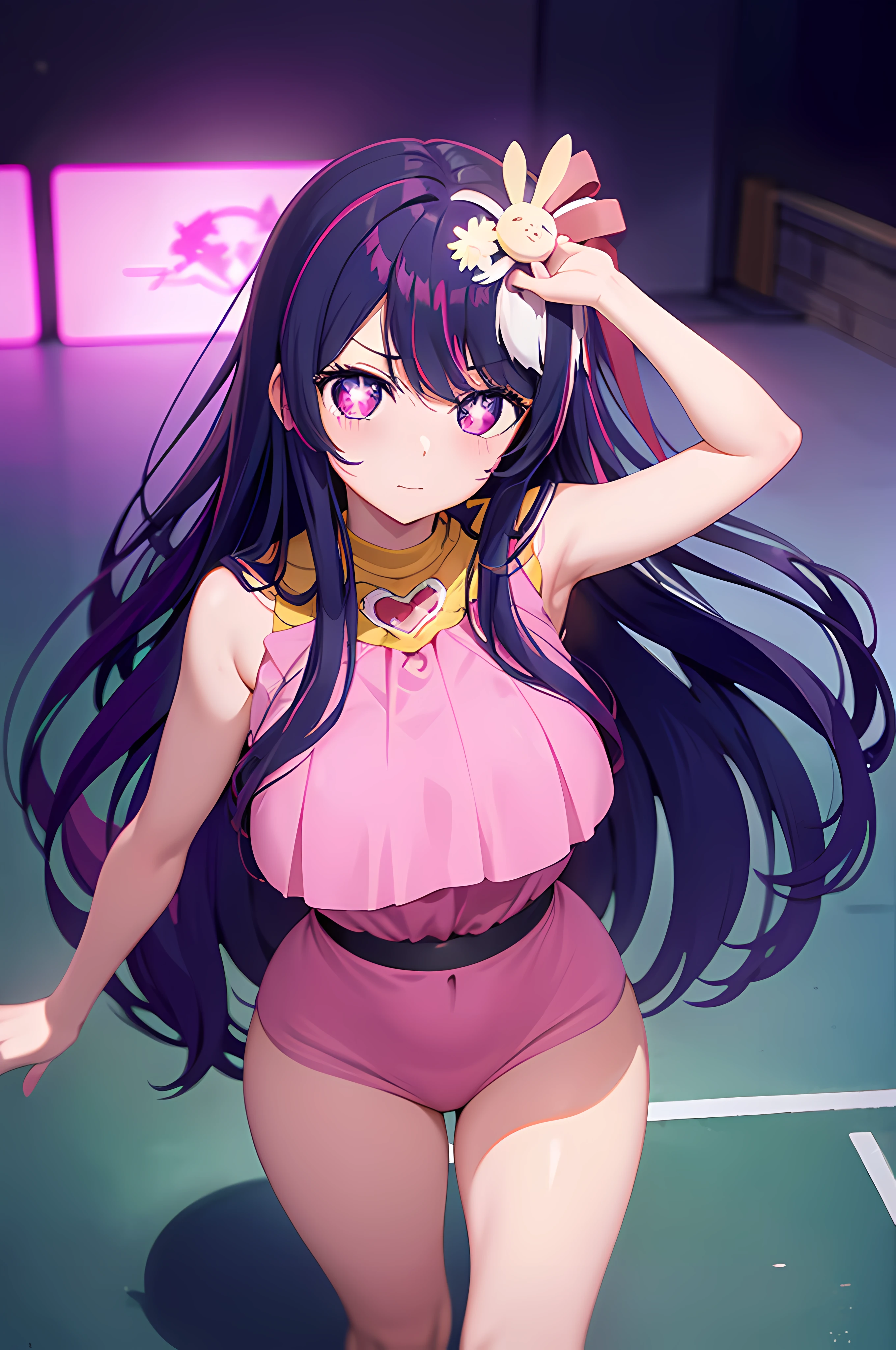 Hoshino Ai, long hair, purple hair, streaked hair ,purple eyes, star-shaped pupils, hair ornament, (masterpiece), best quality, expressive eyes, perfect face, anime girl with purple shiny hair and seifuku, medium_oppai, beautiful alluring anime woman, female anime character, official anime still, beautiful alluring anime teen, anime best girl, attractive anime girl, oppai proportions, 1 girl, sexy pose, perfect body, perfect fingers