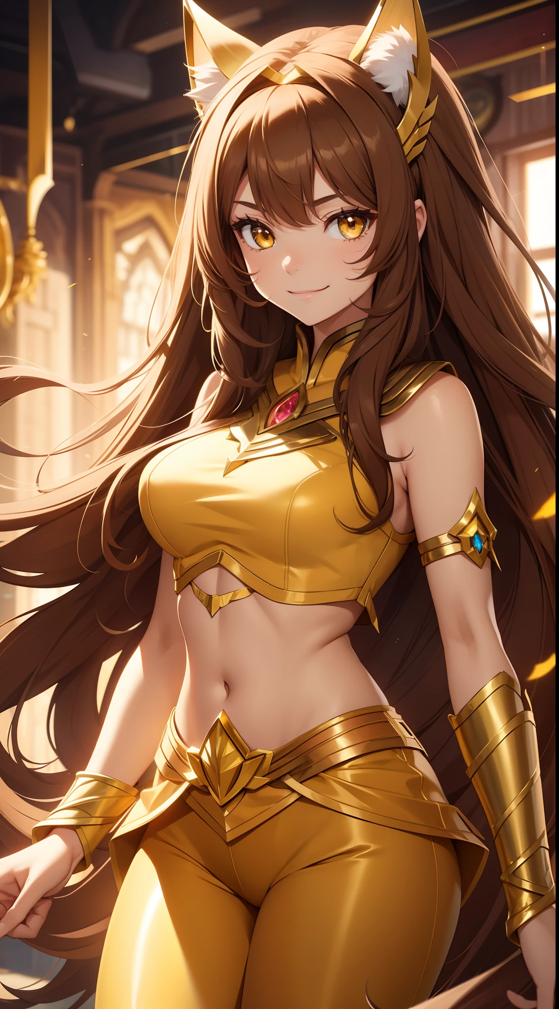 young girl, Long brown hair, cat ears, Yellow eyes, Smile, Brown tight upper, pants, diadem, Gold Elements, She-ra, Masterpiece, hiquality, 4k, HD, Good detail