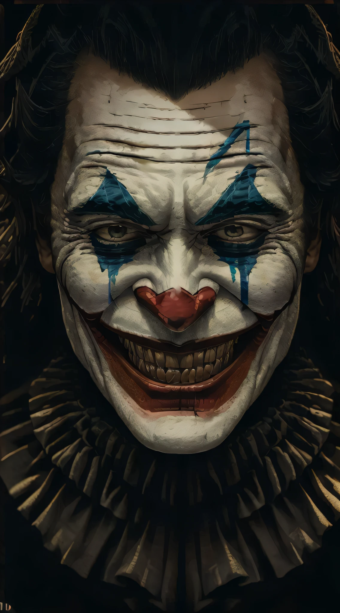 (best quality,4k,8k,highres,masterpiece:1.2),ultra-detailed,(realistic,photorealistic,photo-realistic:1.37),crocheted portrait,Heath Ledger,The Joker,intense eyes,(maddening gaze,insane stare),legendary performance,poster quality,photo-realistic details,cinematic effect,close-up view,zoomed in eyes,deep eye sockets,intense expression,detailed crocheted textures,vibrant colors,bold contrasts,dark background,menacing atmosphere,distorted smile,manic energy,haunting portrayal,iconic character,heavily textured yarn,woven fibers,attention to facial features,intense and intriguing presence,memorable portrayal,impeccable craftsmanship,skilled crochet techniques,perfectly captured details,uncanny resemblance,expression of madness and chaos,psychological depth,emotional impact,celebration of Heath Ledger's talent,tribute to his unforgettable performance.