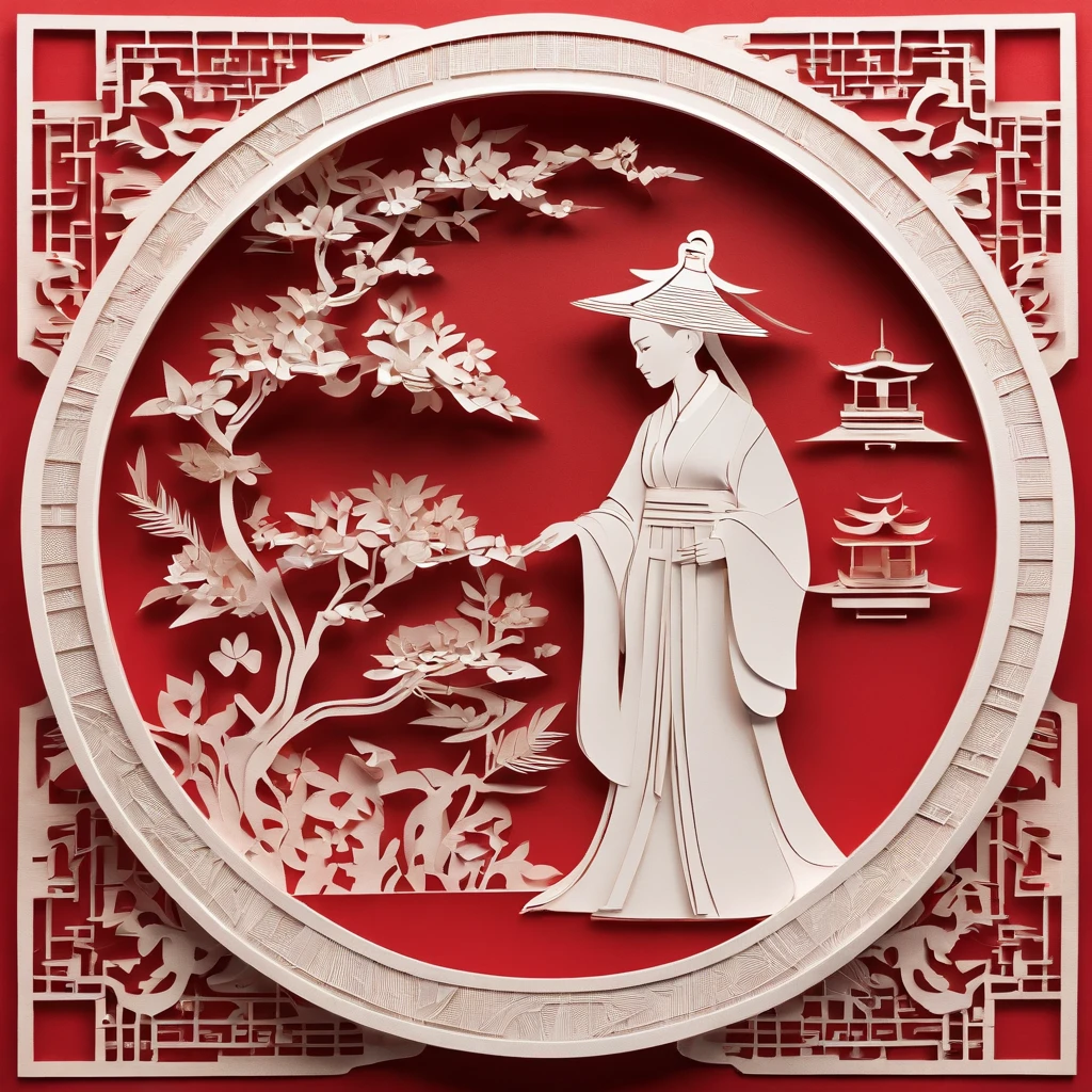 Flat paper cut style,((Ancient Chinese women)),sportrait,red colour,Paper,Color blocking,((round form))