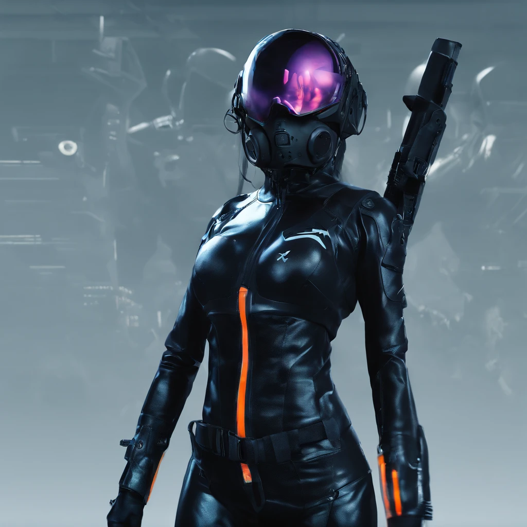 Extremely detailed, Very realistic, Very sharp, hyperrealistc, Hyper realistic, Best Quality, arma, Standing, Glossy, holster, Adult long face, 50 years old, sharp jaw, face in view, Very short hair, Face, Adult face, Long face, rough face, helmets, No skin, military pose, helmets, holster, Harnes, Black Latex Dieselpuncture Police, plated, Heavy poledron, in line, There is a woman standing in front of a male fighter, Photo taken with Nikon D 7 5 0, Photograph Taken on Nikon D750, cute pilot girl, taken with canon eos 5 d mark iv, Samurai Jetstream Sam, portrait of figther jet evading, Portrait of cute pilot girl, wearing human air force jumpsuit, pilot girl, girl with warship parts