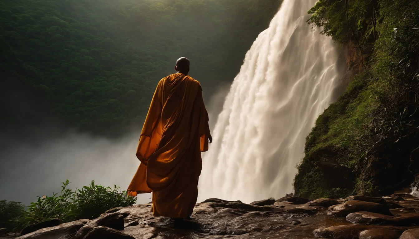 Arafed monk walking down a path towards a waterfall, Foto vencedora do concurso Unsplash, Directed by: Matthias Weischer, monge meditar, Monge budista, standing inside a waterfall, wearing flowing robes, amazingly epic visuals, em frente a uma cachoeira, em uma caverna com a cachoeira, waterfall mist, holy man looking down at the ground, incredible depth, Marcos Adamus