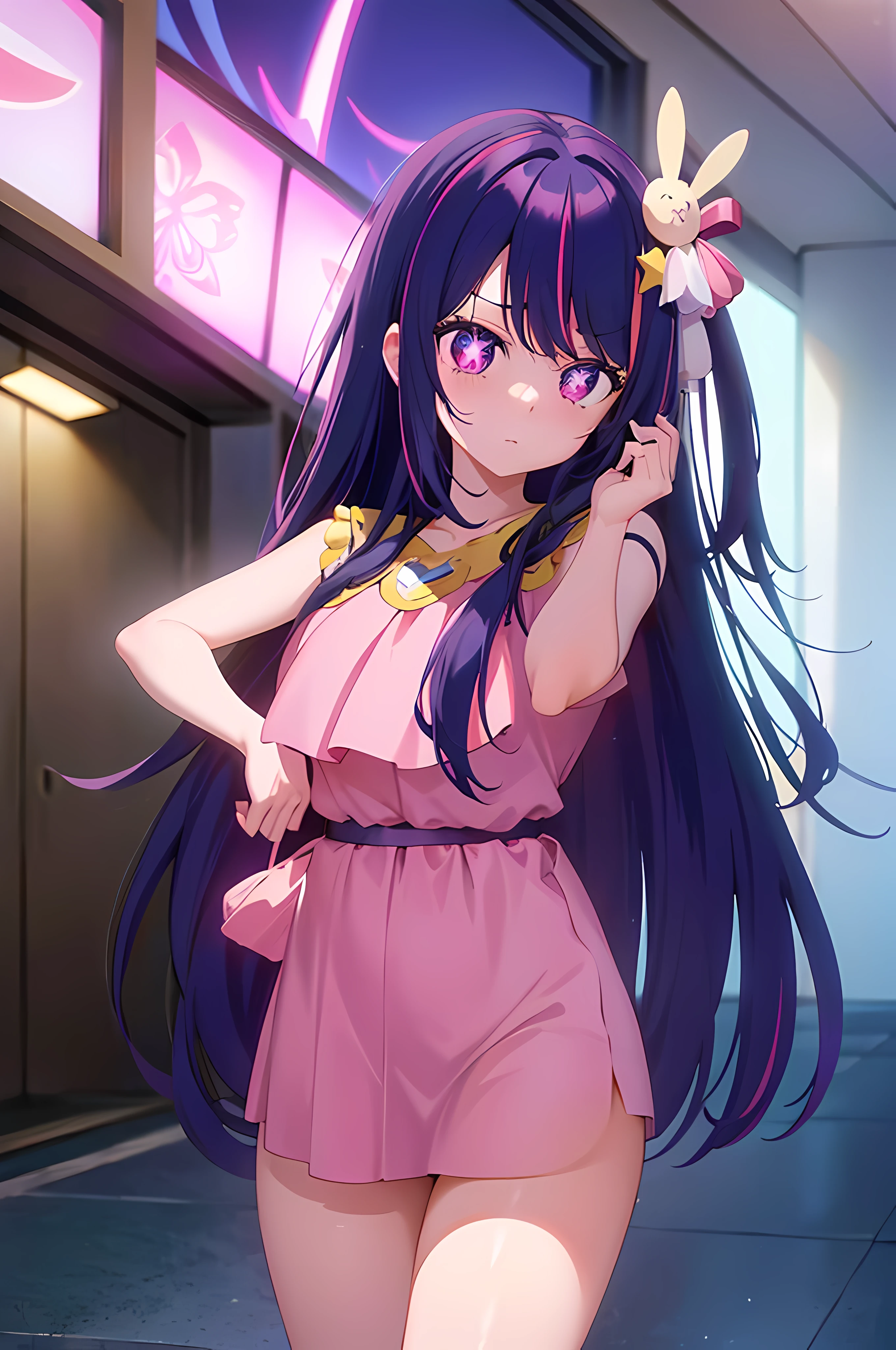 masterpiece, best quality, very aesthetic, absurdres, newest,1girl,naked_shirt, pussy_hair, ,hoshino_ai_(oshi_no_ko), eyelashes, eyes_visible_through_hair, fangs, floating_hair, glint, sparkle, star_(symbol), star_hair_ornamenthair_between_eyes, hair_ornament, hair_ribbon, heart-shaped_ornament, long_hair, purple_eyes, purple_hair, rabbit_hair_ornament, sidelocks, star-shaped_pupils, symbol-shaped_pupils, tsurime, very_long_hair,,,in subway