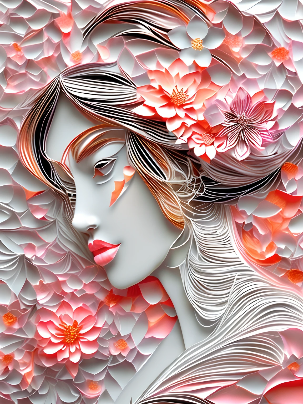 （Silhouette of a beautiful woman,Colorful peach blossoms)，White background，(paper art, Quilted paper art:1.2, geomerty:1.1, zentangle,a 3D render), (Extremely colorful, Best quality, Detailed details, Masterpiece, offcial art, movie light effect, 4K)