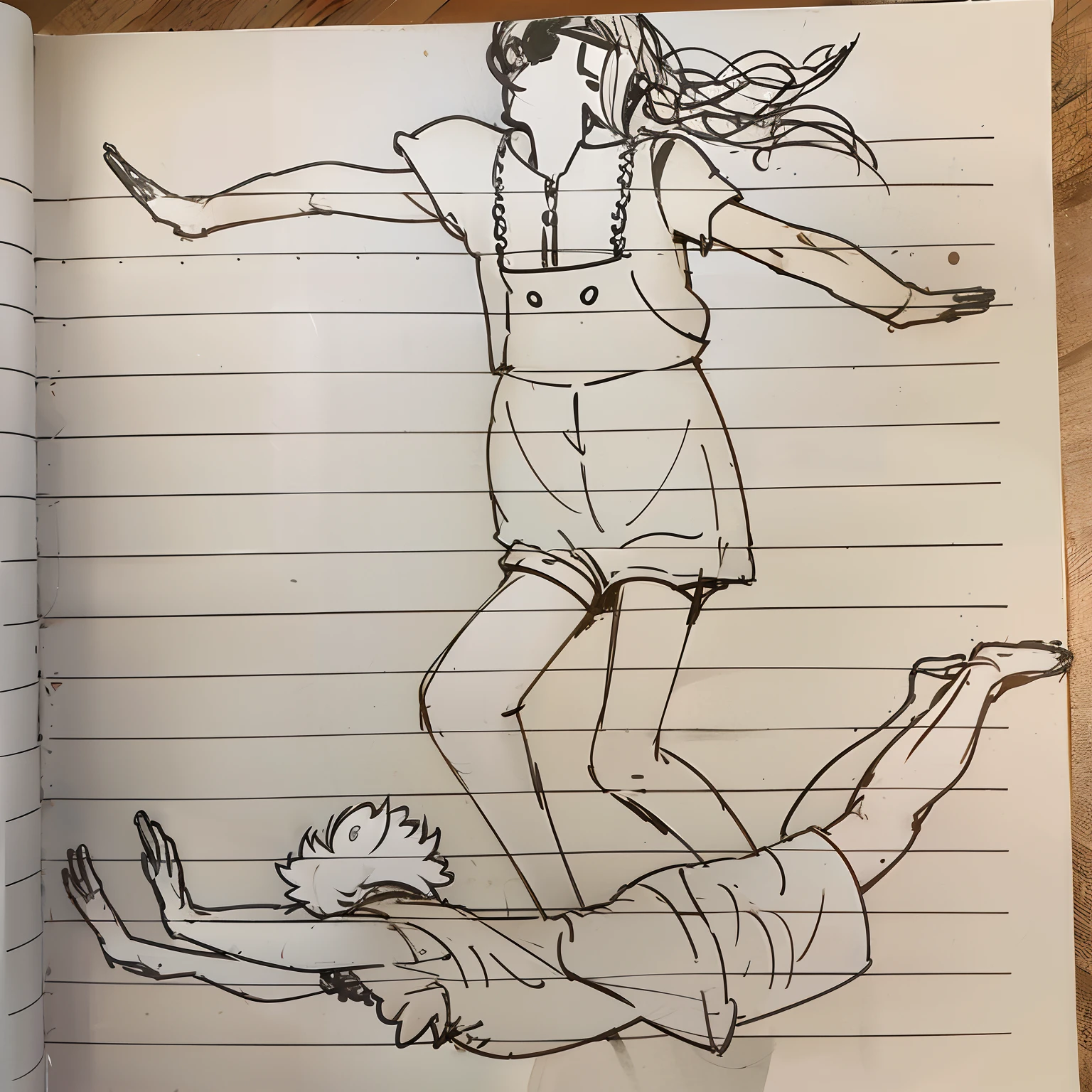 Draw a woman falling off her knees,And a man lies on the ground, floating in mid-air, she is floating in the air, inspired by Paula Rego, Delicate corpse, found doodled in a sketchbook, on a notebook page, dramatic floating pose, inspired by Dorothea Tanning, surrealism painting, art in the style of paula rego, Sketchbook drawing, ink and watercolor painting