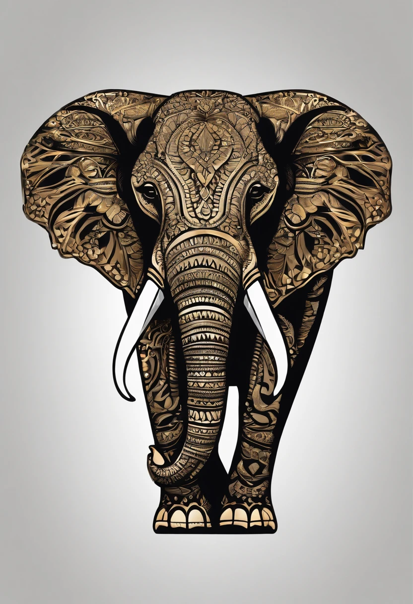 /imagine prompt: Black background sticker, Bold outline style, Symbol of an elephant,top-quality,best qualityer,vectorial art,Thai construction golden tower,Banana leaves,Blue-gray elephant,Flag markup,vivd colour,simple design,vectorial art,dk