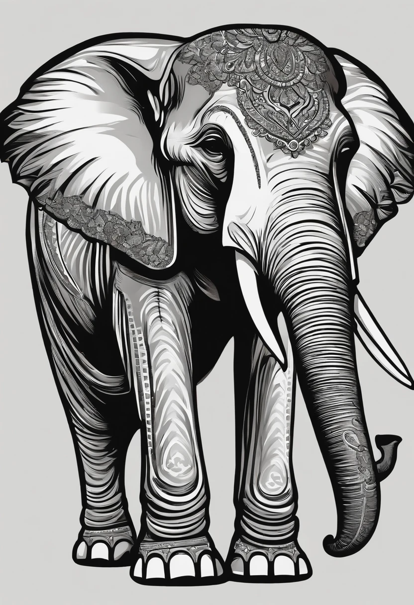 /imagine prompt: Black background sticker, Bold outline style, Symbol of an elephant,top-quality,best qualityer,vectorial art,Thai construction golden tower,Banana leaves,Blue-gray elephant,Flag markup,vivd colour,simple design,vectorial art,dk
