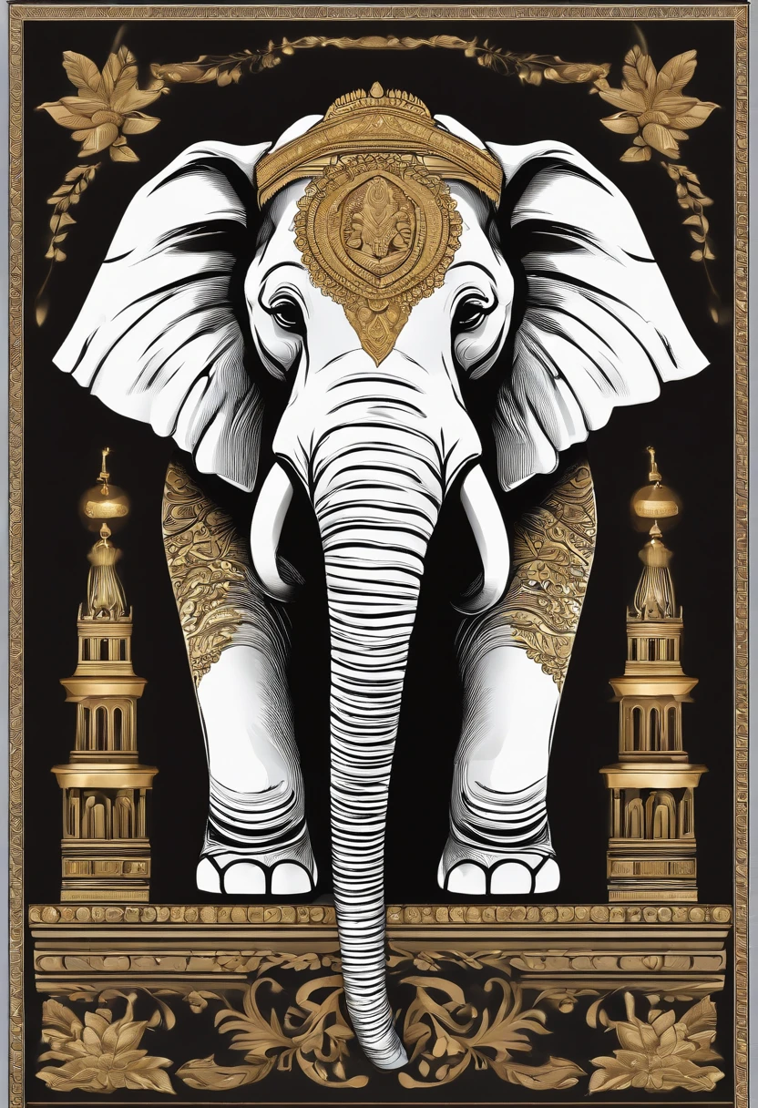 /imagine prompt: Black background sticker, Bold outline style, Symbol of an elephant，top-quality，best qualityer，vectorial art，Thai construction golden tower，Banana leaves，Blue-gray elephant，Flag markup，vivd colour，simple design，vectorial art，dk