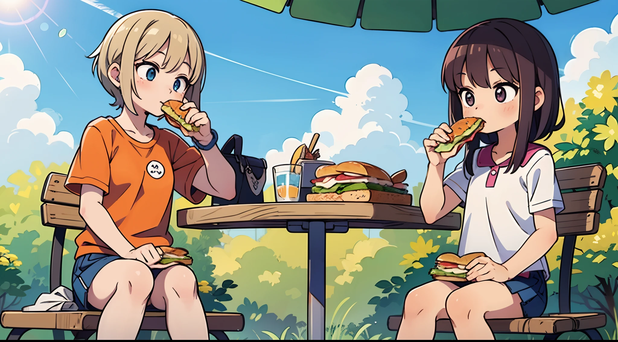 longshot、kawaii girl、Sit on a park bench in summer and eat a sandwich for lunch
