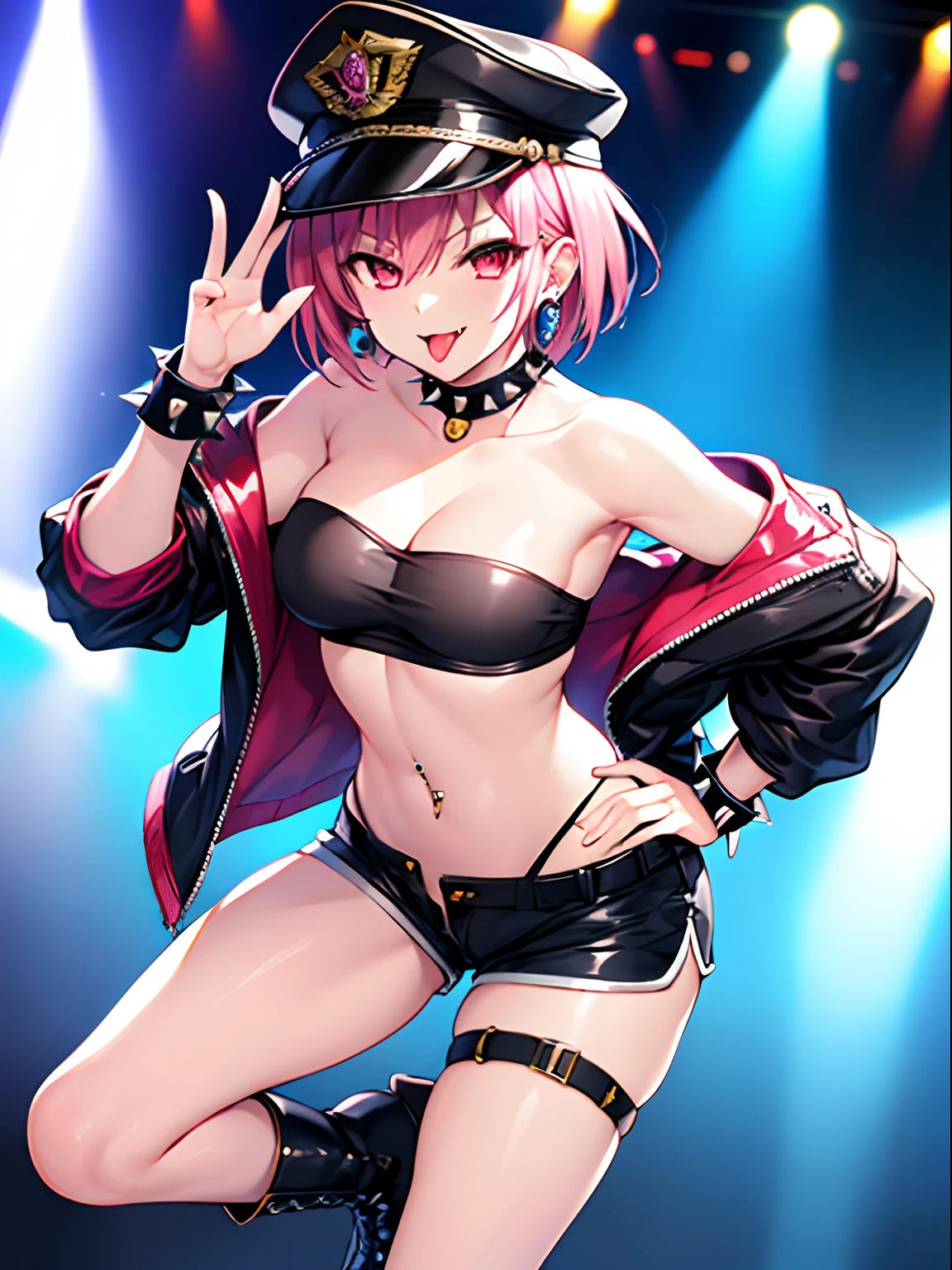 Highly detailed and realistic CG, Colorful , masutepiece, Best Quality, 1girl, pink hair, shiny hair, short hair, red eyes, shiny eyes, crazy smile, evil smile, skinny legs, contrapposto, standing, tube top, strapless, shorts, spiky boots, spiky wristband, idol concert, on stage, Live performance, open mouth, midriff, navel, black jacket, black military cap, tongue out, long tongue, forked tongue, tongue piercing, hand on hip, stylish pose, spotlight, thigh strap, flashy earrings, fang, from above,