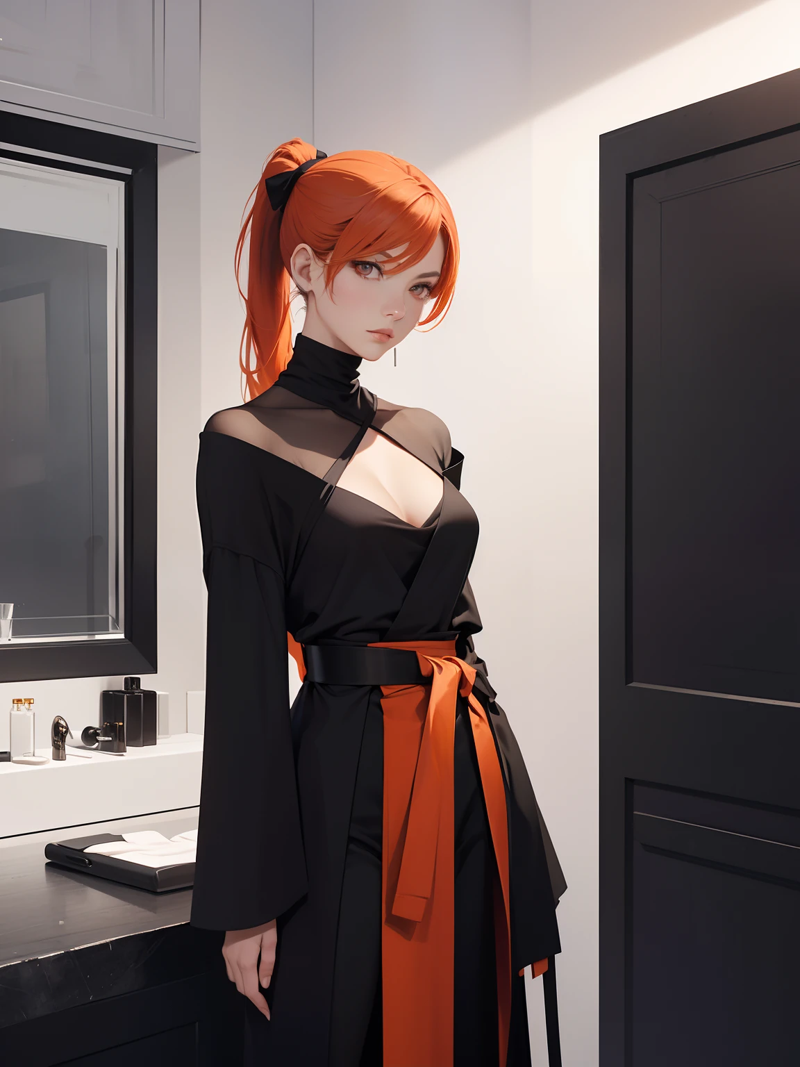 On a bar full of a crowd, lots of people, fully covered swordswoman Female, makeup, mascara, Lips are subdued or  colors, Minimalism, monotone, red and orange, simple color palettes, bun hair, ponytail hairstyles, long loose pants, Clean, sharp designs, flowing silhouettes, loose long  robe,  high-waisted belt, asymmetrical, geometric, Elegant and luxurious materials and designs, Simple, minimal accessories, Distinctive designs, simple silhouettes, chic and mature impression, simple and sophisticated style, elegance, minimalism, high quality materials, cool and urban impression, high fashion, , simplicity and sophistication, complex background. Low angle