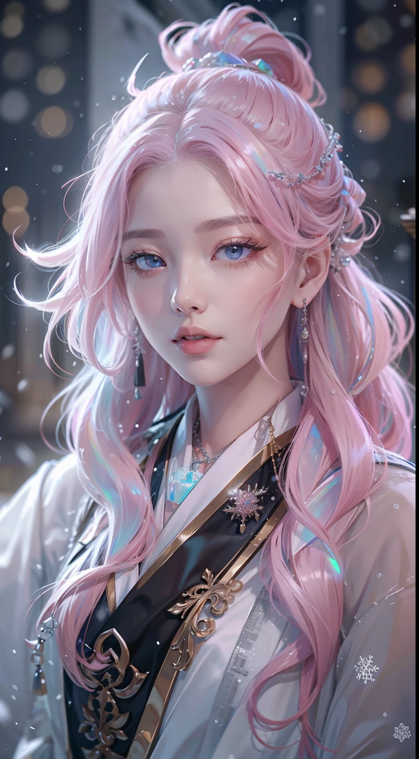 Works of masters,Best image quality,超高分辨率,8K分辨率,first person perspective,s the perfect face,Glowing skin,Exquisite facial features,solo person,femele,ssmile,long whitr hair,Pink hair,crossed bangs,Wave head,Bracelet,Collar,pendant,Hanfu,snowflower,Winters,Temple,New Year,Opal rendering,Cinematic lighting,Winter snow method