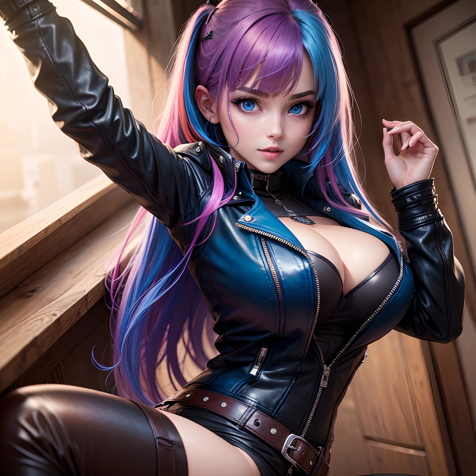 leather jackets,realisitic(1.2),hyperdetailed face,Excellent style,huge tit,Beautie,blue eyess,girl with,multicolored hair,top-quality,masterpiece,a smile,Beautiful girls,超A high resolution,girl,I'm pulling down my bangs,a beauty girl,