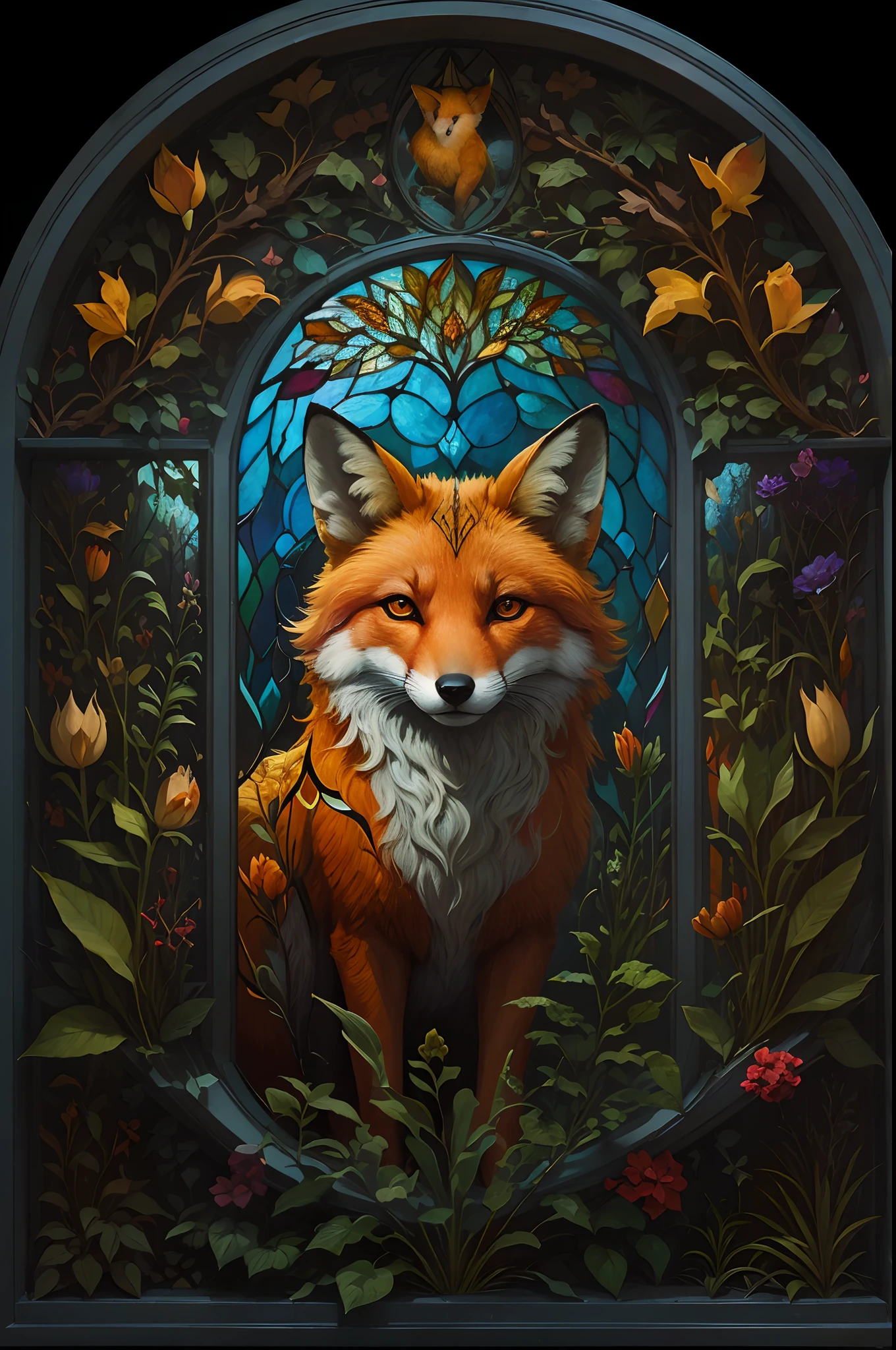 A vitral window, art noveau style, prismatic art style, with colorful nature motives and a big fox in the middle, rounded upside, photorealistic