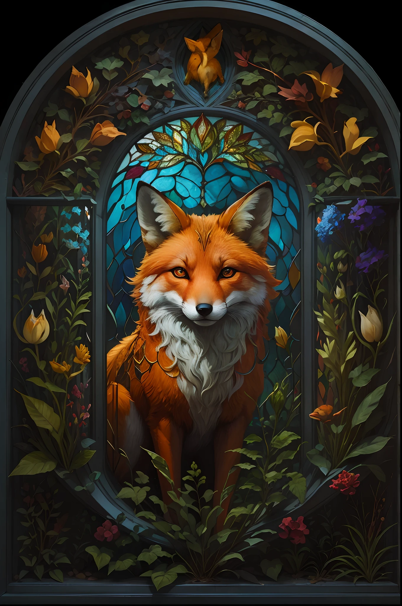 A vitral window, art noveau style, prismatic art style, with colorful nature motives and a big fox in the middle, rounded upside, photorealistic