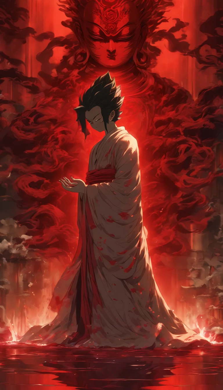 Blood red room, Flashing white TV screen, BUDDHA STATUE, cabelos preto e longos, with hair dishevelled, Cover one eye and face, Bright red eyes, Wearing a white transparent robe, Looming full breasts,liquor,Devil, reaching out her hands,Straighten your body, Red nails are exposed, Pinch the camera, hyper HD, Anatomically correct, Textured skin, Super detail, High details, High quality, A high resolution, 8K, hyper HD, Anatomically correct, Textured skin, Super detail, High details, High quality, Best quality, 8K,Leishnampo,Room 2,Horror