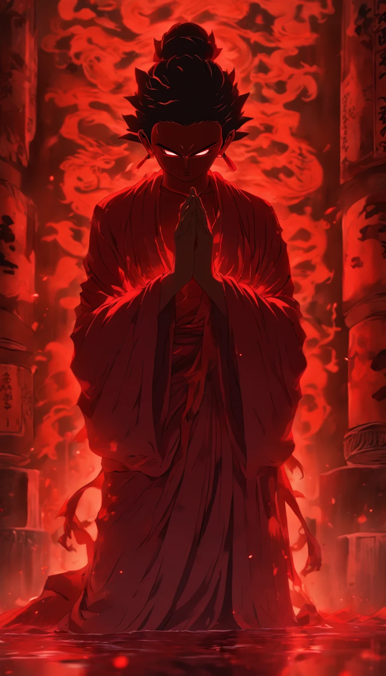 Blood red room, Flashing white TV screen, BUDDHA STATUE, cabelos preto e longos, with hair dishevelled, Cover one eye and face, Bright red eyes, Wearing a white transparent robe, Looming full breasts,liquor,Devil， reaching out her hands，Straighten your body, Red nails are exposed, Pinch the camera, hyper HD, Anatomically correct, Textured skin, Super detail, High details, High quality, A high resolution, 8K, hyper HD, Anatomically correct, Textured skin, Super detail, High details, High quality, Best quality, 8K,Leishnampo,Room 2,Horror