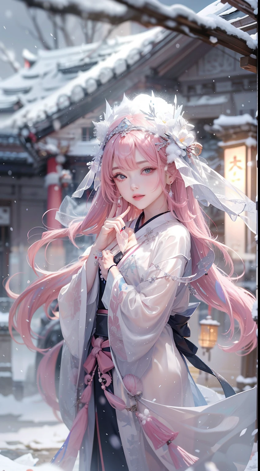 Works of masters，Best image quality，超高分辨率，8K分辨率，first person perspective，s the perfect face，Glowing skin，exquisite facial features，solo person，femele，ssmile，long whitr hair，Pink hair，crossed bangs，Wave head，Bracelet，Collar，pendant，Hanfu，snowflower，Winters，temple，new year，Opal rendering，Cinematic lighting，Winter snow method