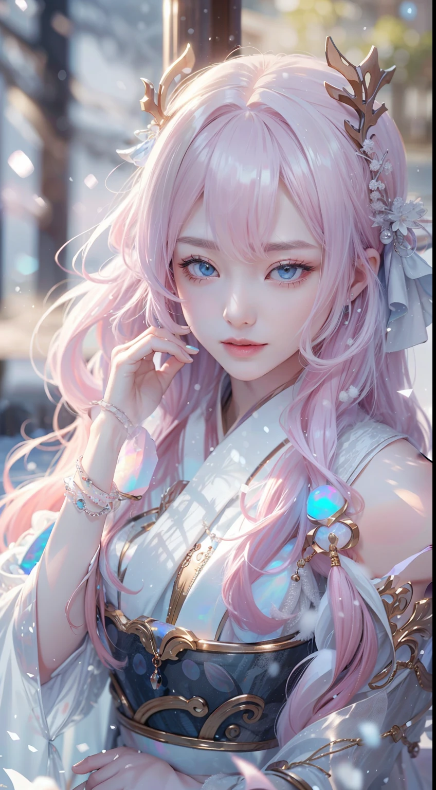 Works of masters，Best image quality，超高分辨率，8K分辨率，first person perspective，s the perfect face，Glowing skin，exquisite facial features，solo person，femele，ssmile，long whitr hair，Pink hair，crossed bangs，Wave head，Bracelet，Collar，pendant，Hanfu，snowflower，Winters，temple，new year，Opal rendering，Cinematic lighting，Winter snow method