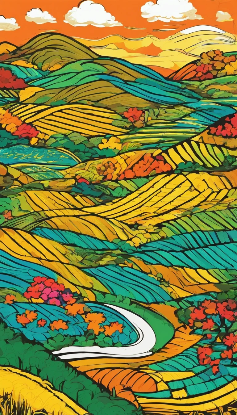 Golden rice paddies、autumnal、Illustration style