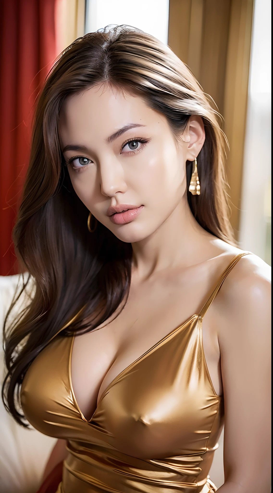 ((top-quality、8K、masterpiece:1.3)), full body Esbian, foco nítido:1.2, Beautiful woman with perfect body shape:1.4, Slender Abs:1.1), Highly detailed facial and skin texture, A detailed eye, g-cup、emphasize boobs、Tight clothes、Sitting on the couch、The whole body is shown、A sexy、Wheat-toned skin、Immersive depiction、a picture、thick thight、big butts、Gray eyes、Erotic、large golden earrings、Have a clutch bag、long legged、Excellent style、Brown hair、Loose Wave