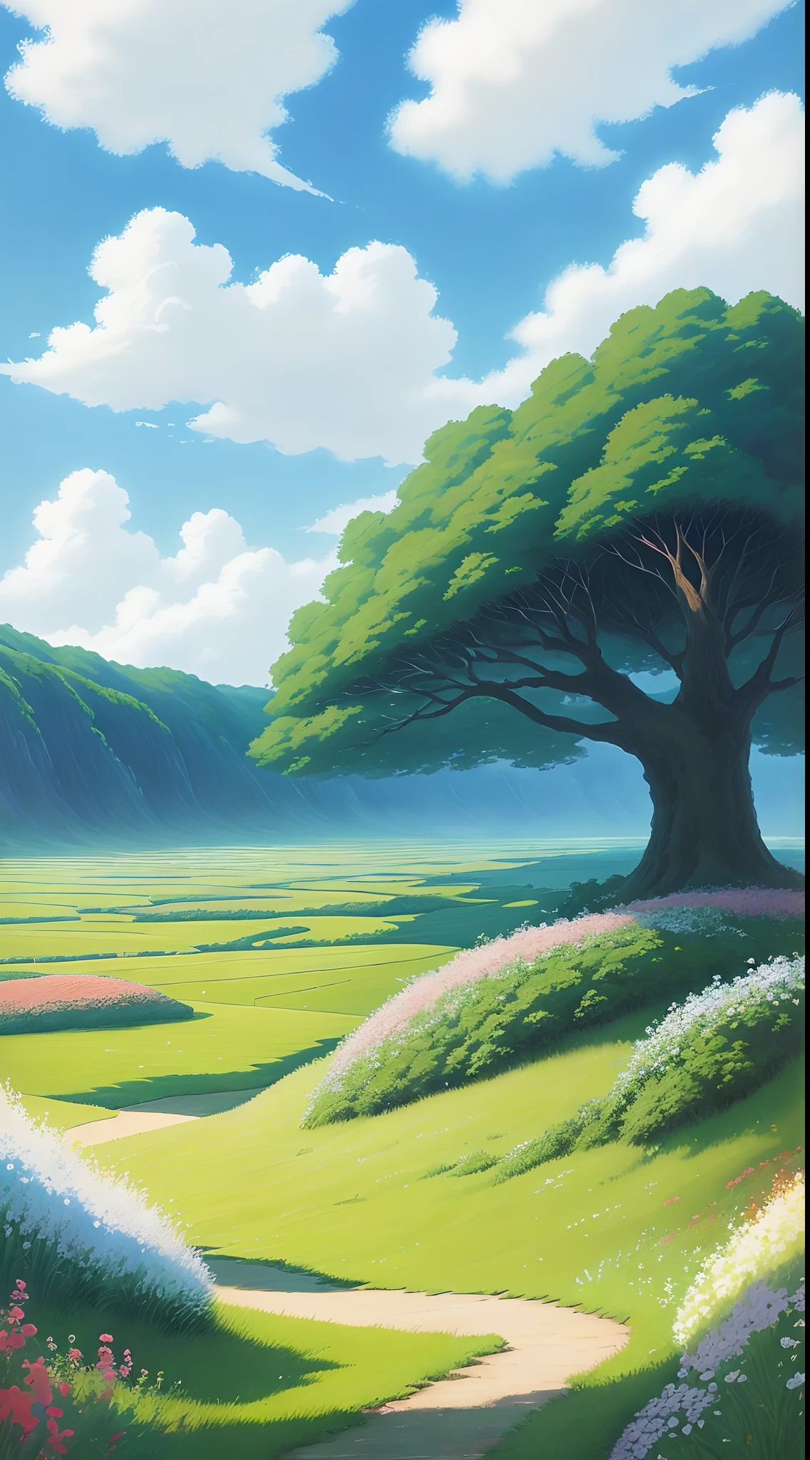 Realistic, authentic, beautiful and amazing landscape oil painting Studio Ghibli Hayao Miyazaki's petal grassland with blue sky and white clouds --v6