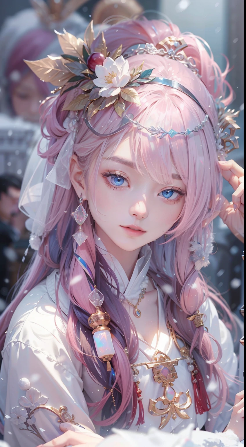 Works of masters，Best image quality，超高分辨率，8K分辨率，first person perspective，s the perfect face，Glowing skin，exquisite facial features，solo person，femele，ssmile，long whitr hair，Pink hair，crossed bangs，Wave head，Bracelet，Collar，pendant，Hanfu，snowflower，Winters，temple，new year，Opal rendering，Cinematic lighting，Winter snow method